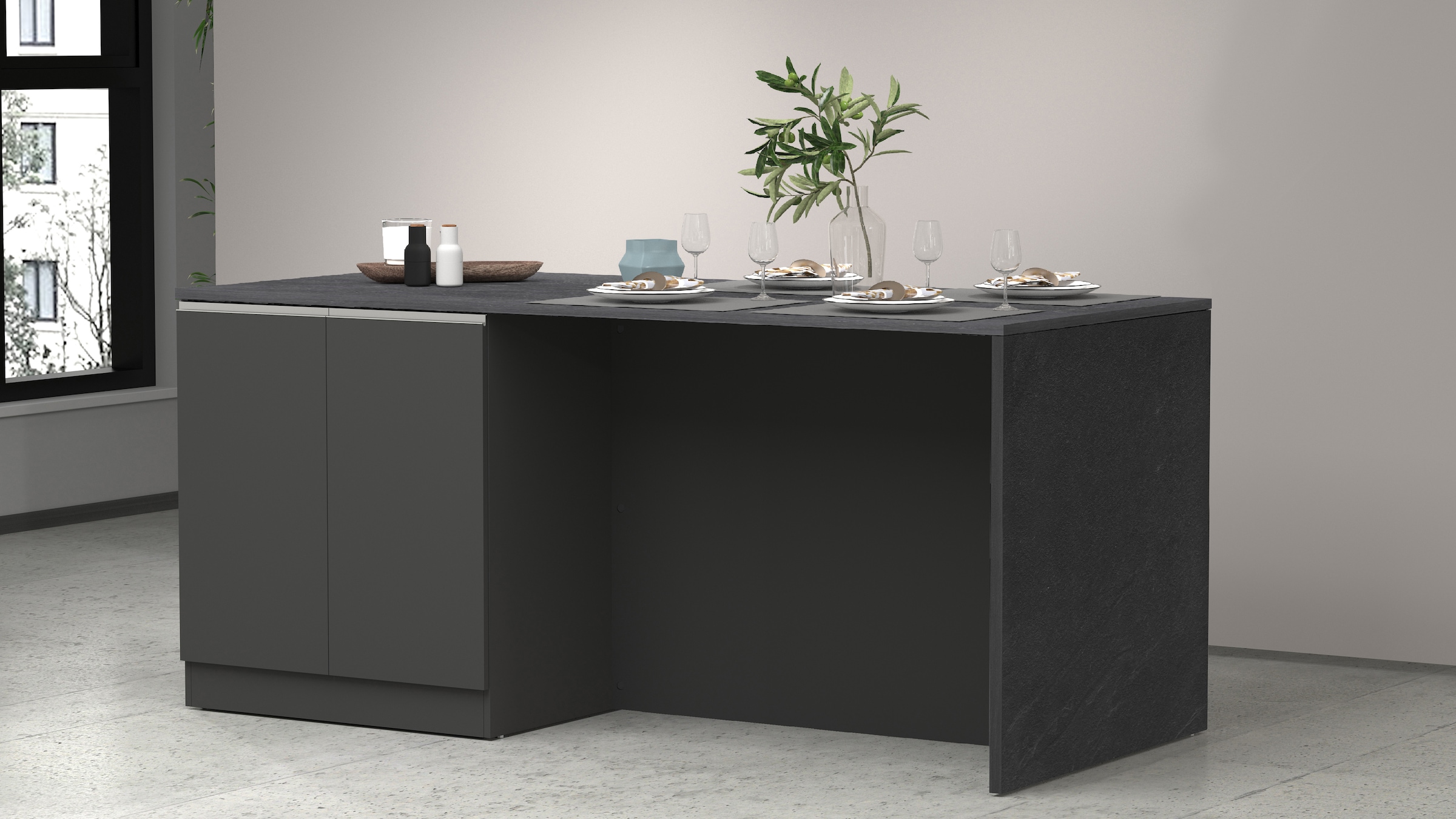 KOCHSTATION Ilot de cuisine »Sole,Kochinsel,Küchenarbeitsblock,Inselküche,Arbeitsinsel« Breite 200 cm mit 4 Türen,4 Fächer, Arbeitsplatte, Aluminiumgriff