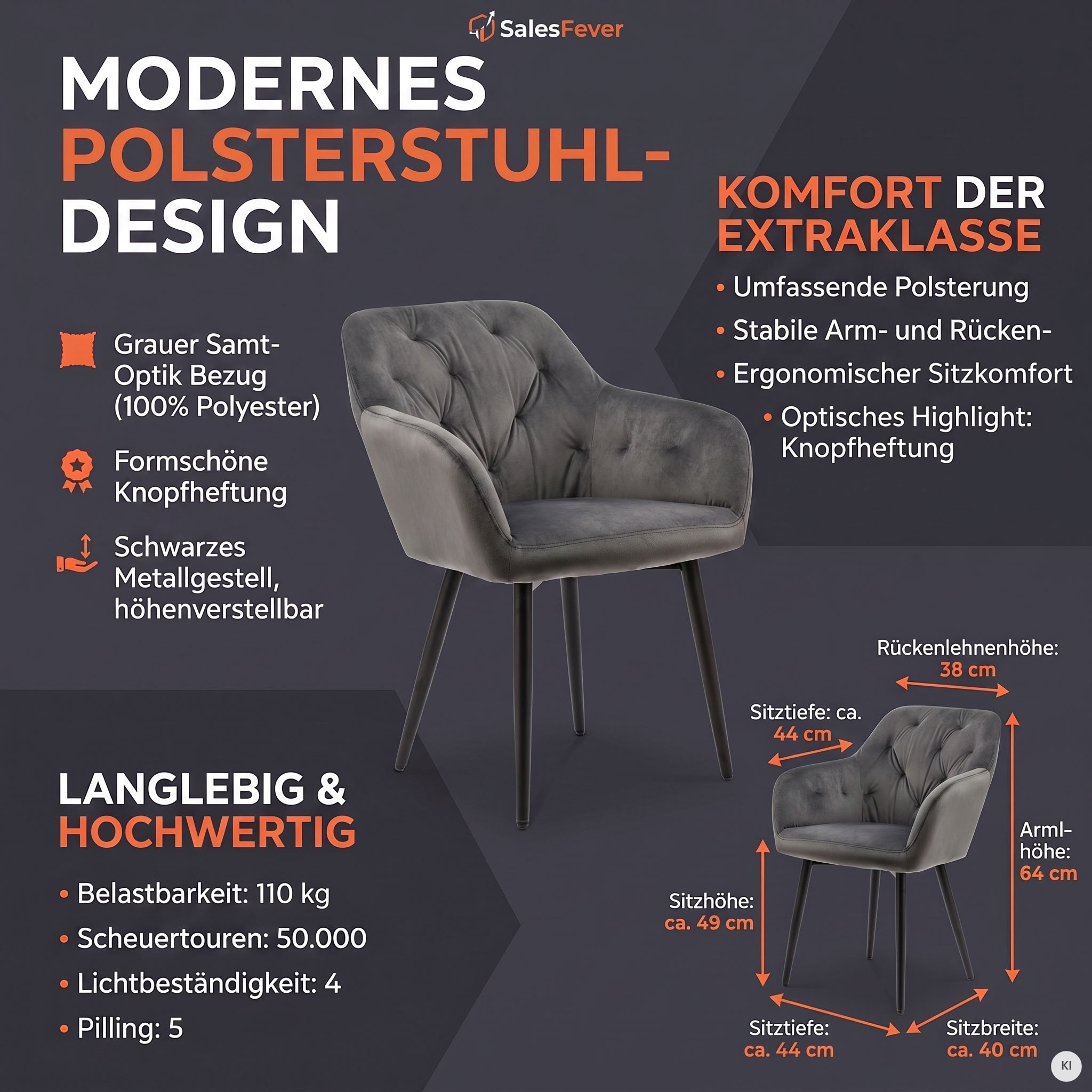 SalesFever Chaise de salle à manger »Coventry Komfortabler Polstertuhl im eleganten Stil« () élégant avec piqûres de boutons raffinées