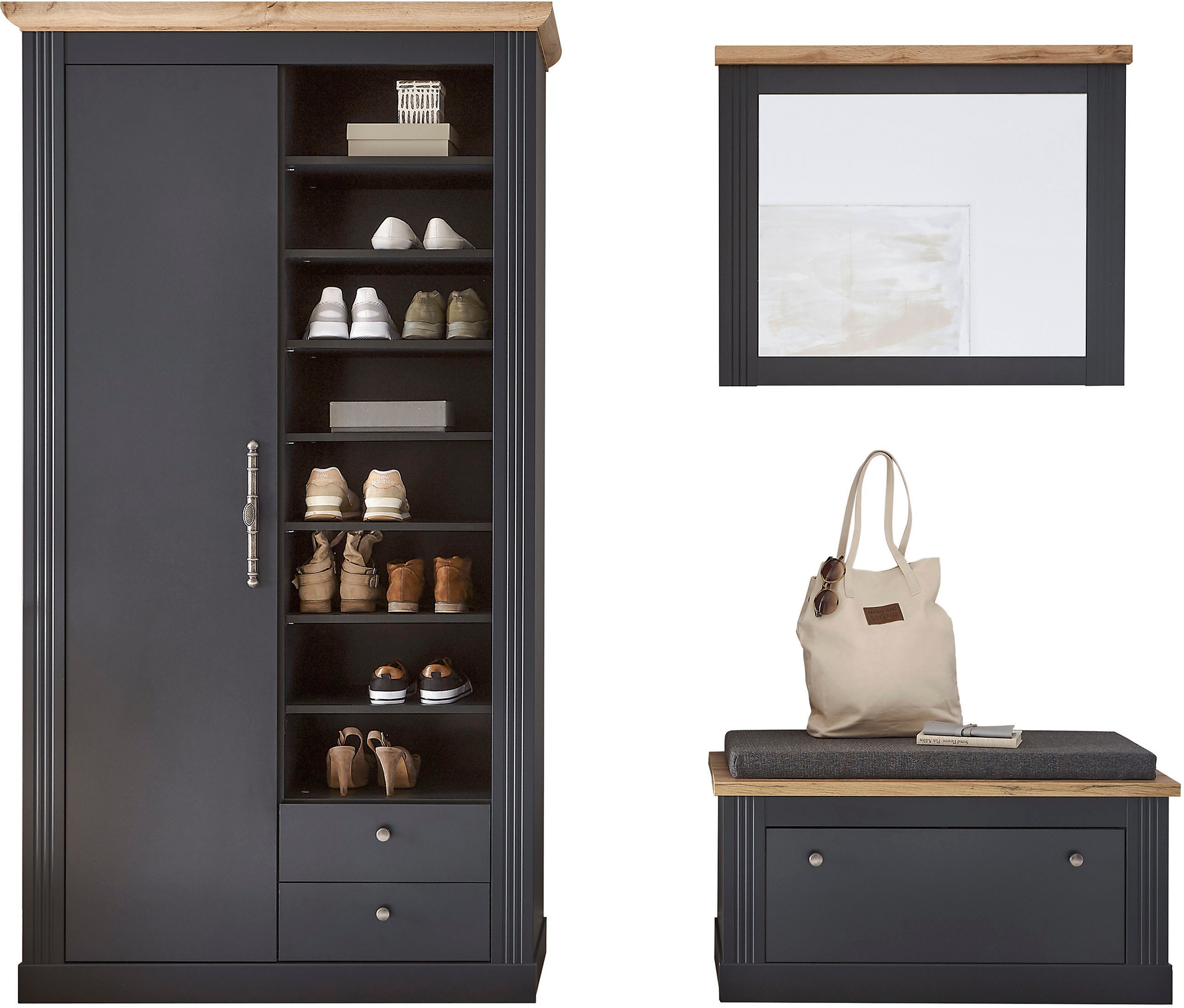 Image of GOODproduct Garderoben-Set "WESTMINSTER" Schuhbank, Spiegel, Garderobenschrank, 3 Stk. tlg.