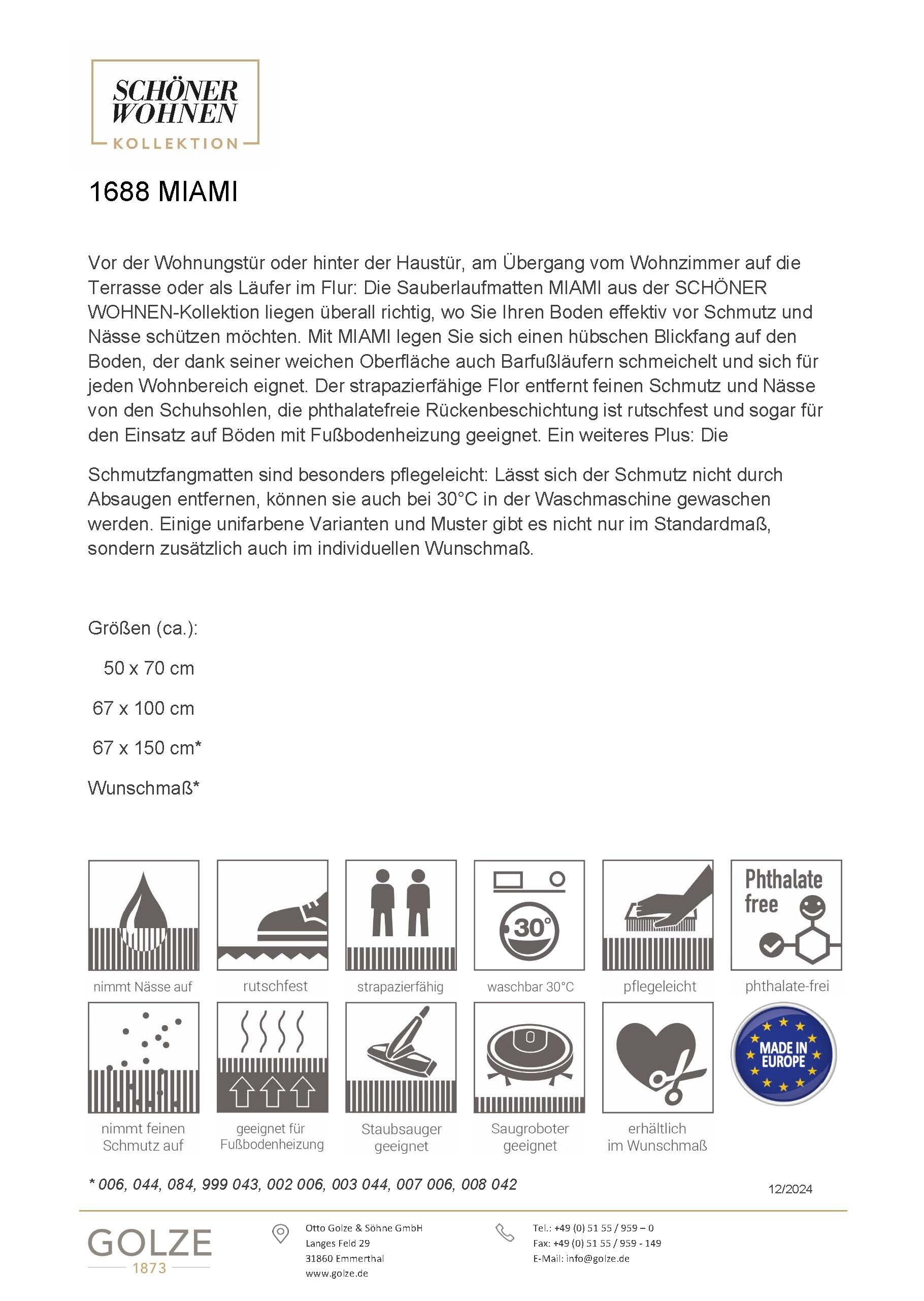 SCHÖNER WOHNEN-Kollektion Chemin de table »Miami Uni« Rectangulaire 7 mm Höhe Schmutzfangläufer, Schmutzfangteppich, Schmutzmatte, waschbar