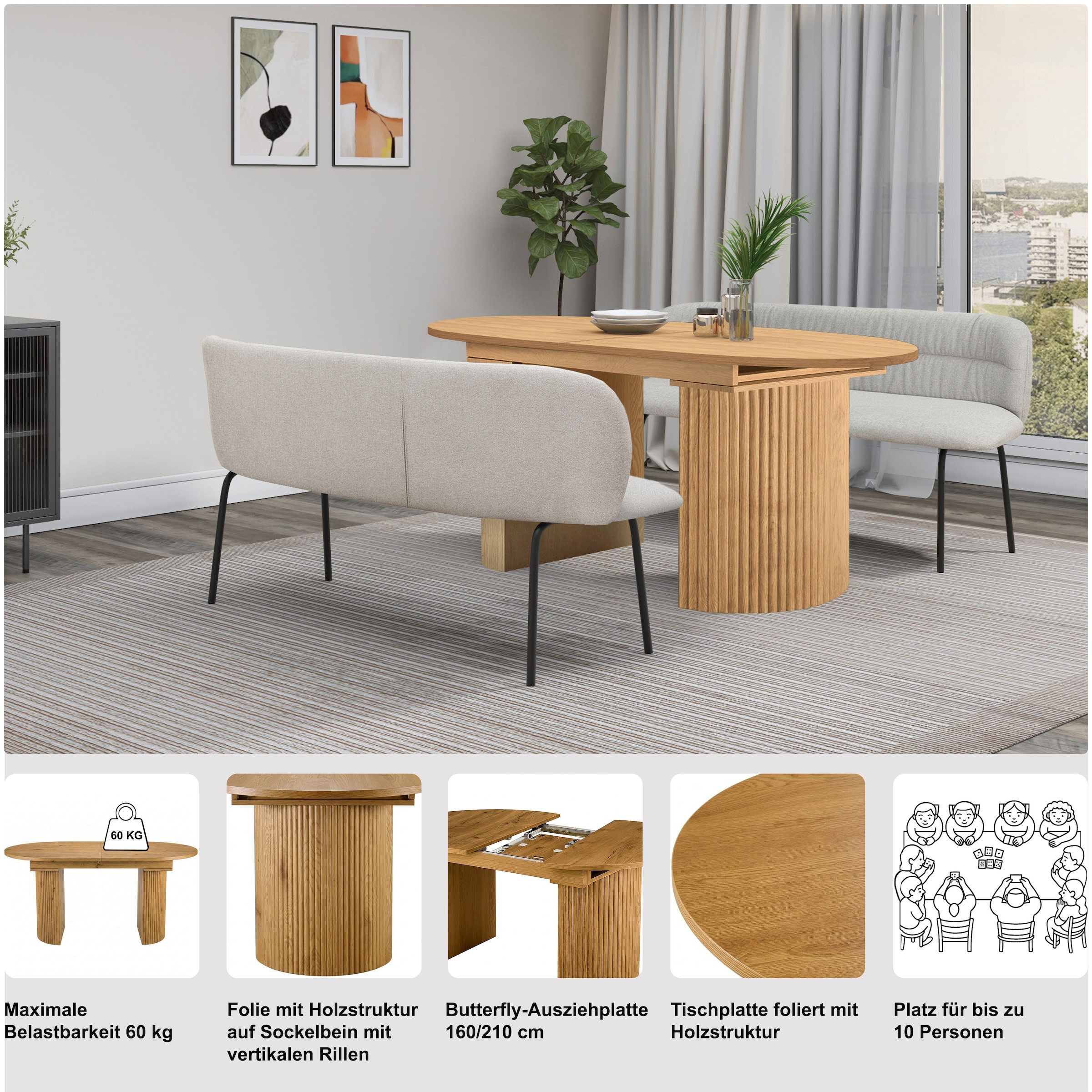 GOODproduct Table de salle à manger »Gartempe« extensible 160-210 cm, extension synchronisée, incl. tablette, largeur 90cm