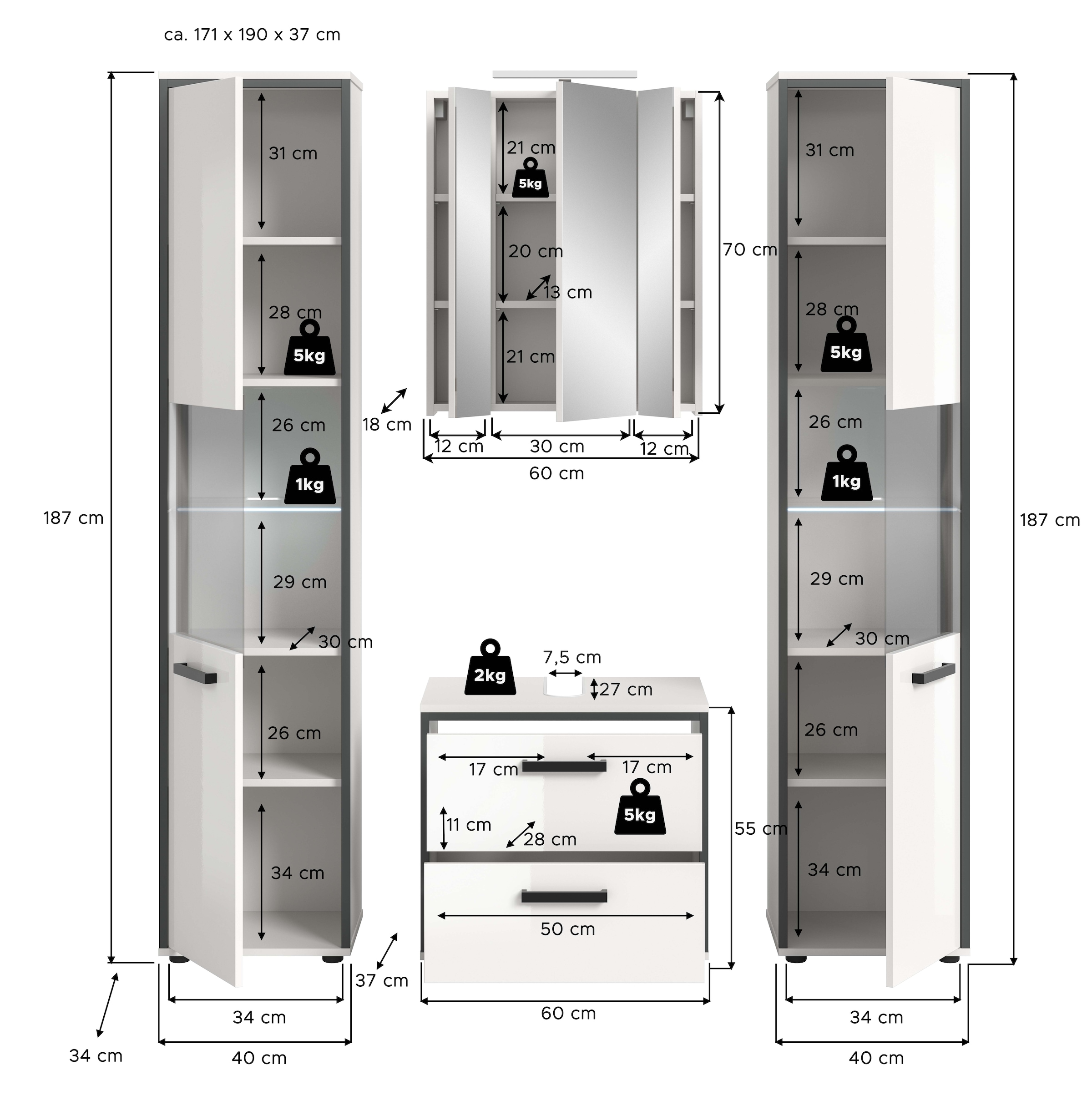 welltime Ensemble de meubles de salle de bain »KAJO, 4-tlg. Badkombination, weiss hochglanz inkl.Beleuchtung« Set, Set, best. aus: 2 Hochschränken,WBU,Spiegelschrank,Beleuchtung, 7 cuis tlg.
