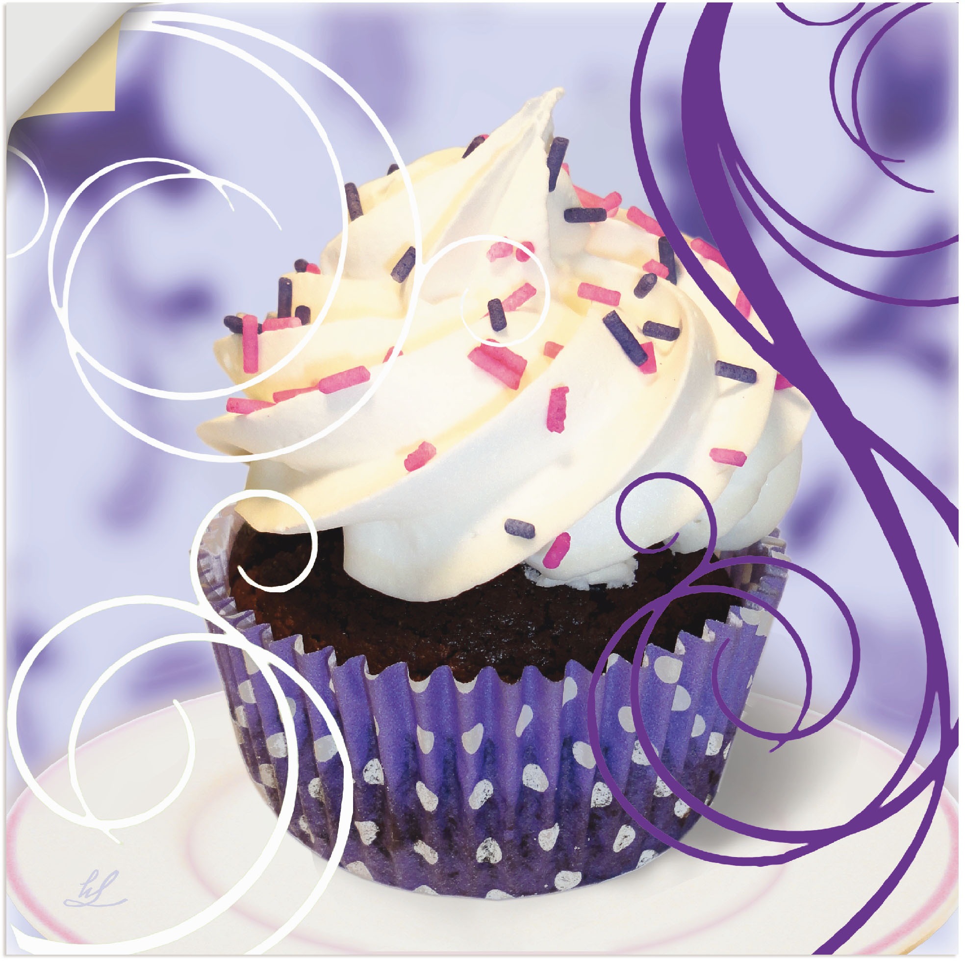 Image of Artland Wandbild »Cupcake auf violett - Kuchen«, Süssspeisen, (1 St.), in vielen Grössen & Produktarten - Alubild / Outdoorbild für den Aussenbereich, Leinwandbild, Poster, Wandaufkleber / Wandtattoo auch für Badezimmer geeignet bei Ackermann Versand Schw