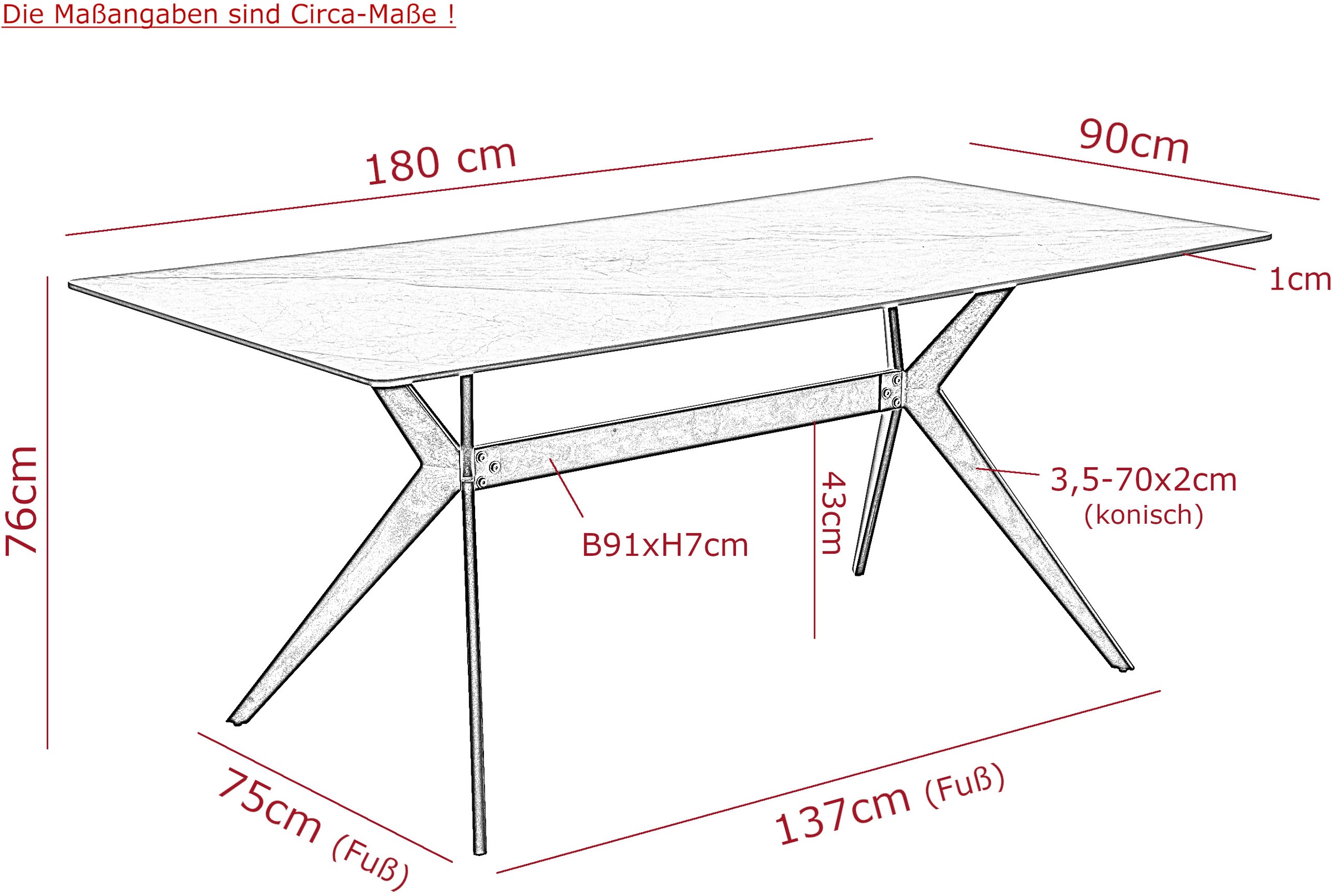 HELA Table de salle à manger »PACCINO« 1 cuis tlg. Sintered Stone, Marmoroptik, Platte fest (1 cm), Metallgestell konisch