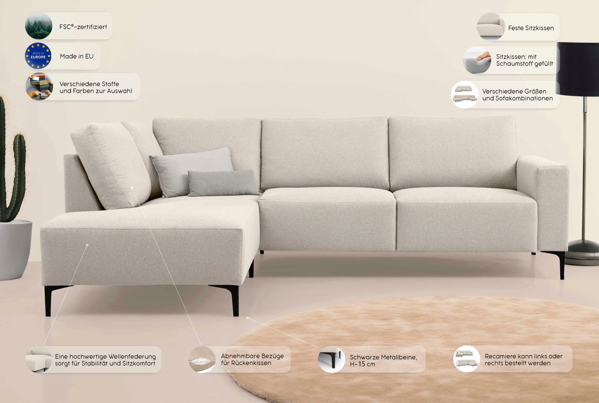 Home affaire Ecksofa »Tournon L-Form, Breite 232 cm, Breitcord« Designsofa im nordischen Stil, Wellenunterfederung, Metallfüsse
