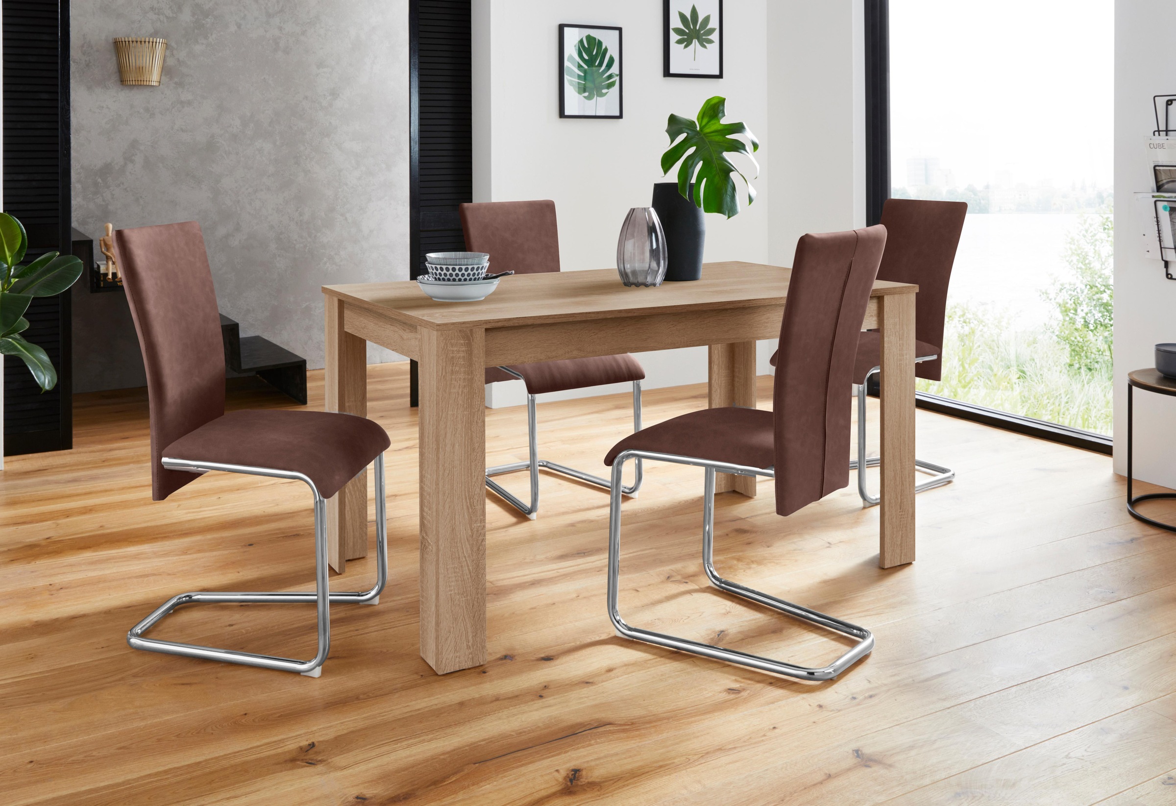 Homexperts Essgruppe »Nick3-Mulan«, (Set, 5 tlg.), mit 4 Stühlen, Tisch in  eichefarben sägerau, Breite 140 cm bequem kaufen