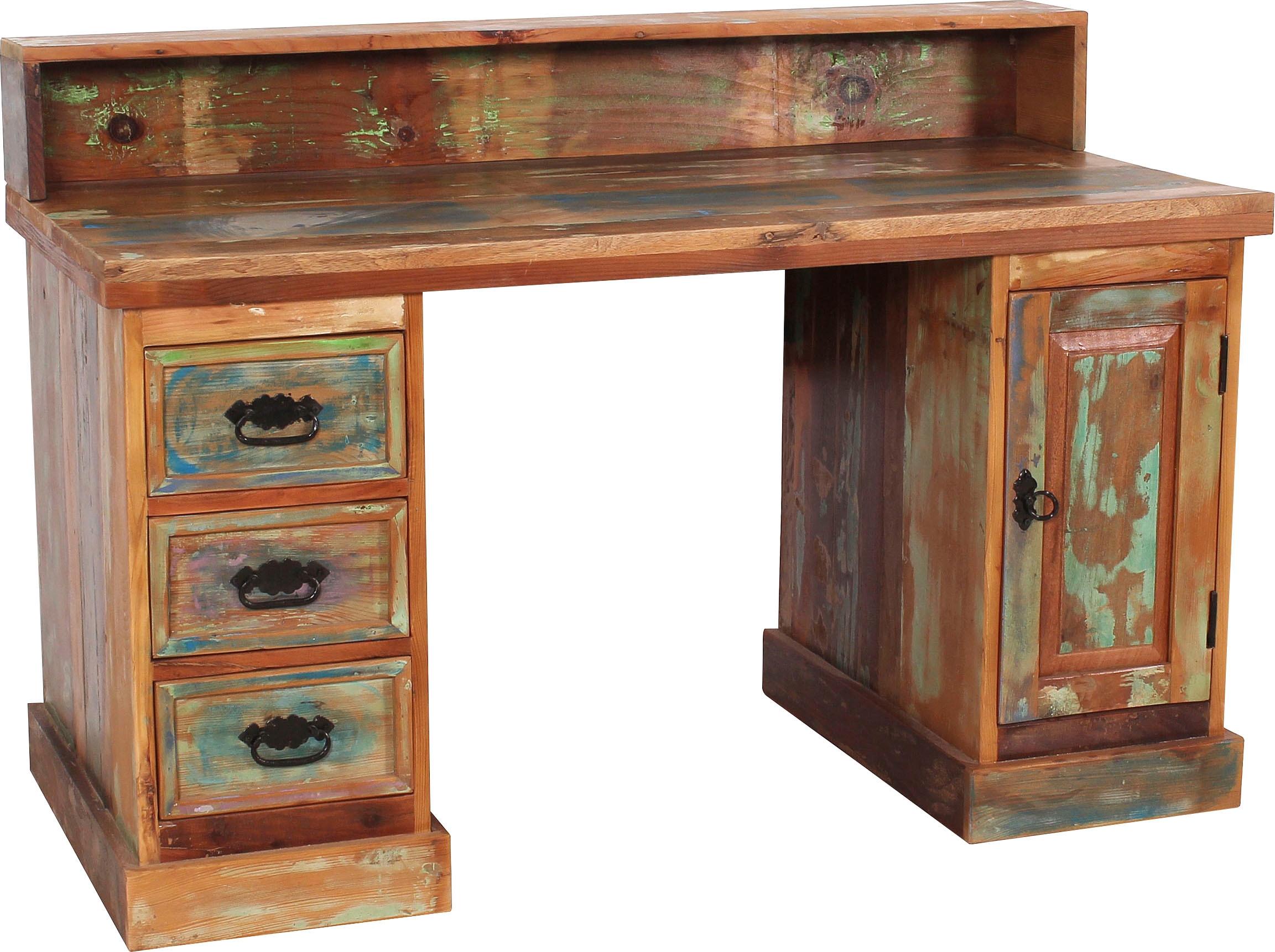 Image of SIT Schreibtisch "Otranto aus Altholz mit 3 Schubladen und 1 Tür im Used Look" Bunt lackiertes Altholz mit authentischem Vintage-Used-Look