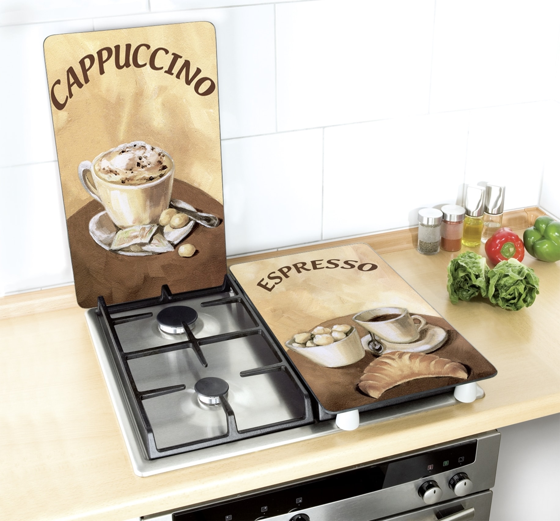 WENKO Herd-Abdeckplatte »Universal Modell Kaffee«, (Set, 2 tlg.), Herdabdeckung für alle Herdarten, kratzfest, mit rutschfesten Füssen