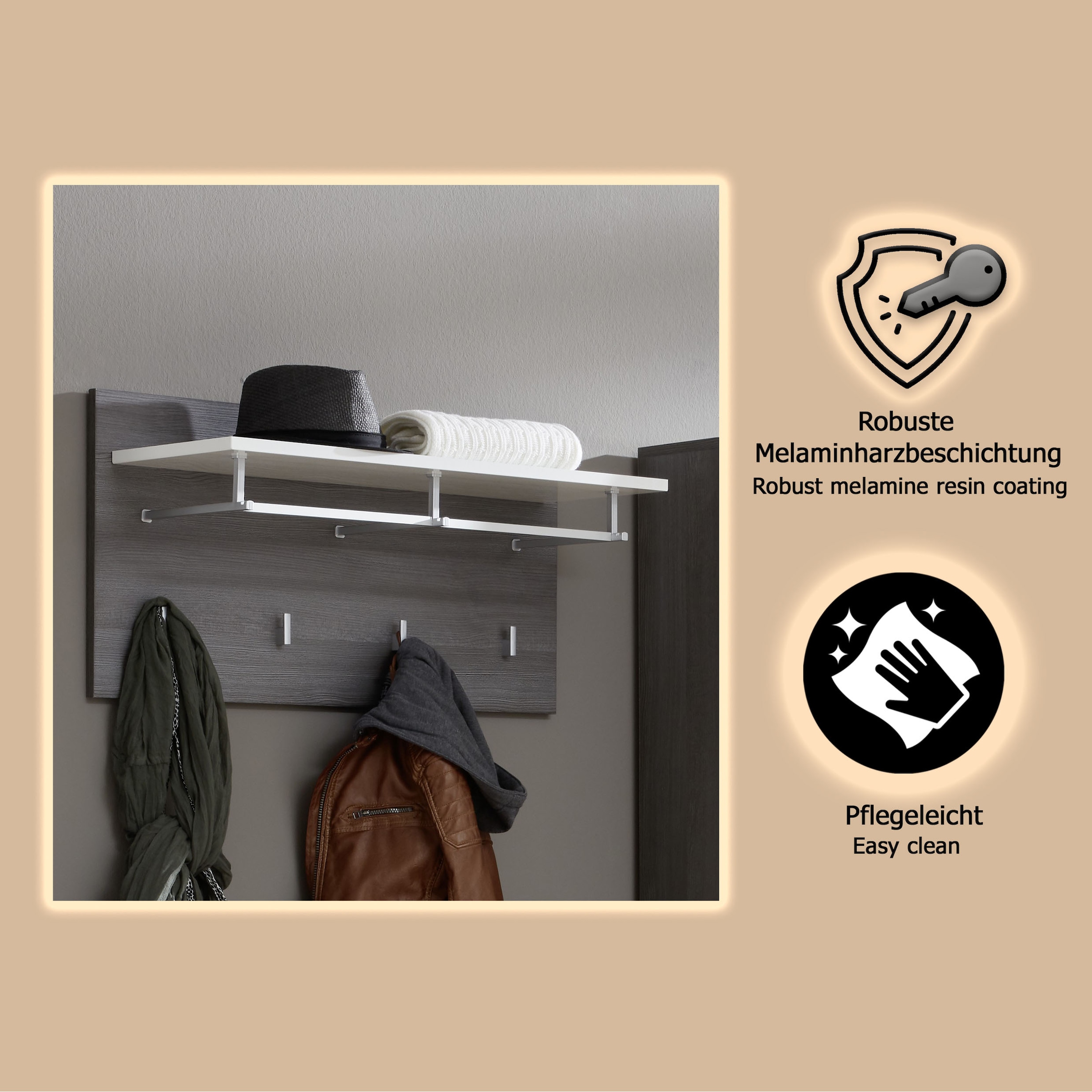 INOSIGN Garderobenpaneel »Sovana« 1 Stk. tlg. Garderobenpaneel mit Ablage & Haken - (B/T/H) 80/28/40 cm