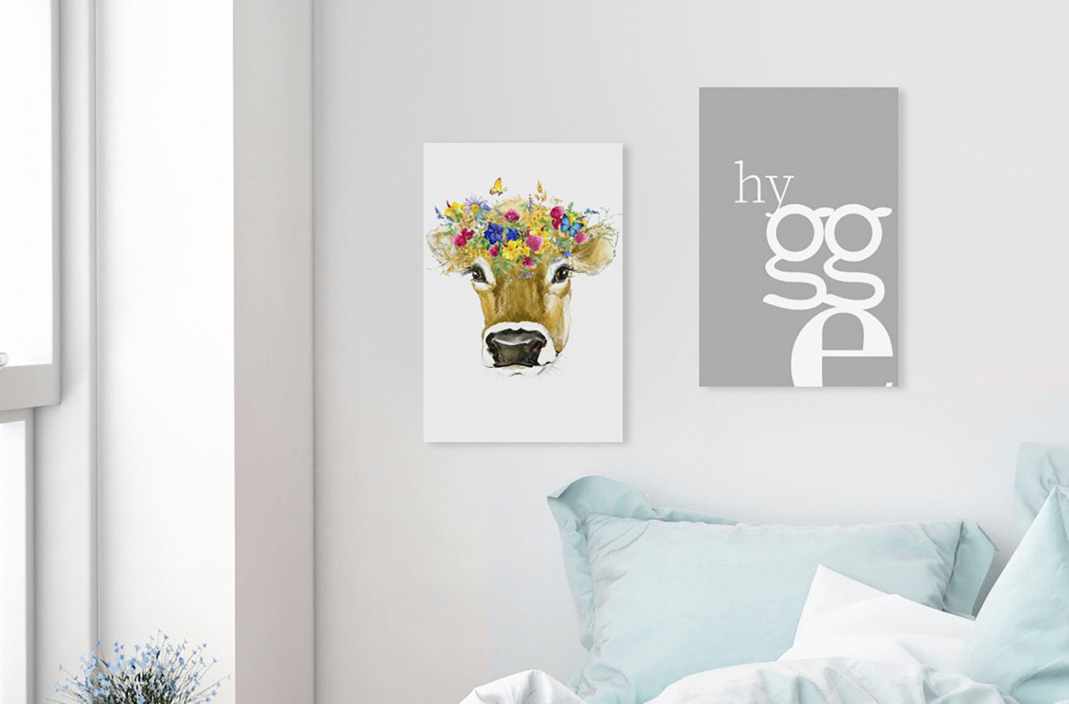 queence Leinwandbild »Kuh«, Kunst-Kuh-Kuhbilder-Blumen-Blumenbilder, Premium-Leinwandstoff, Handarbeit aus Deutschland