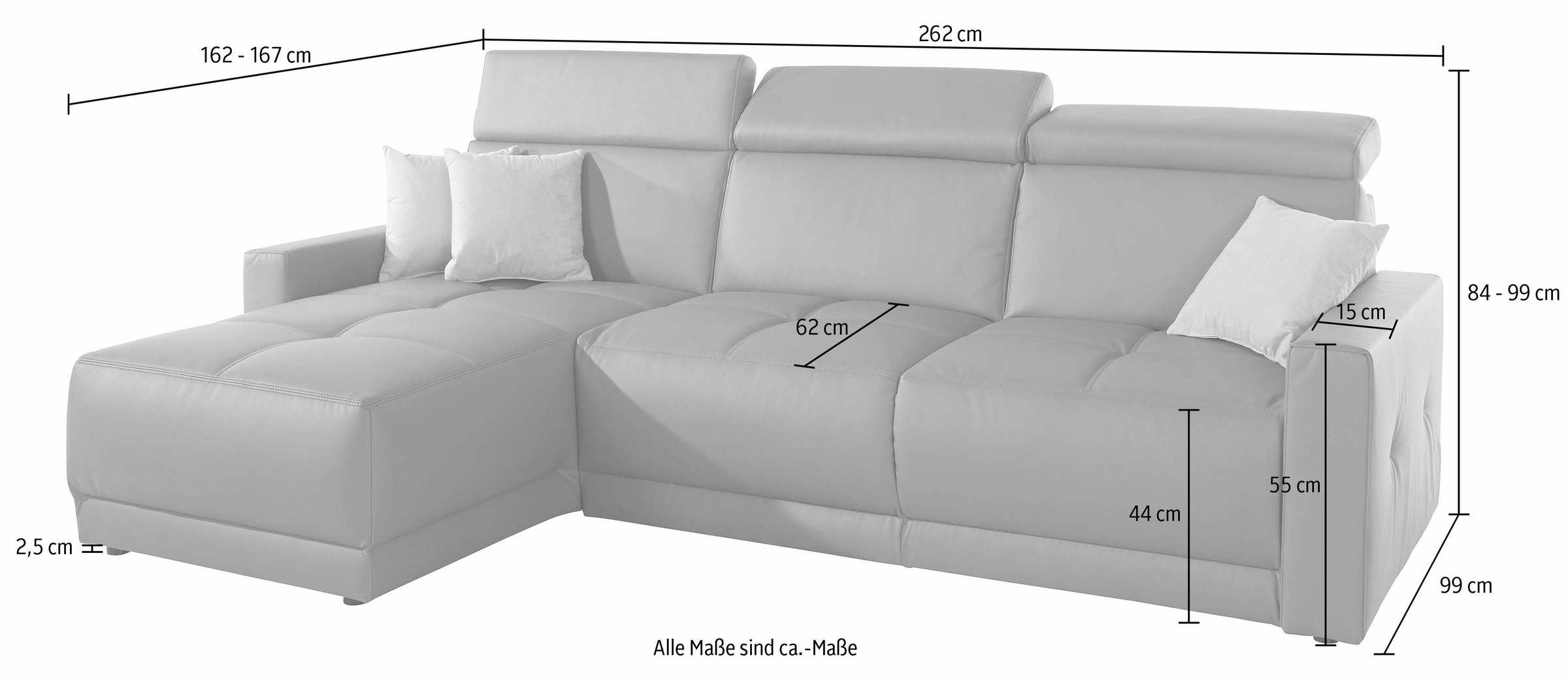 DOMO collection Ecksofa »Ava mit moderner Sitzheftung & toller Doppelnaht, komfortabel, L-Form«, mit Recamiere, inkl. Federkern, wahlweise mit Kopfteilverstellungen