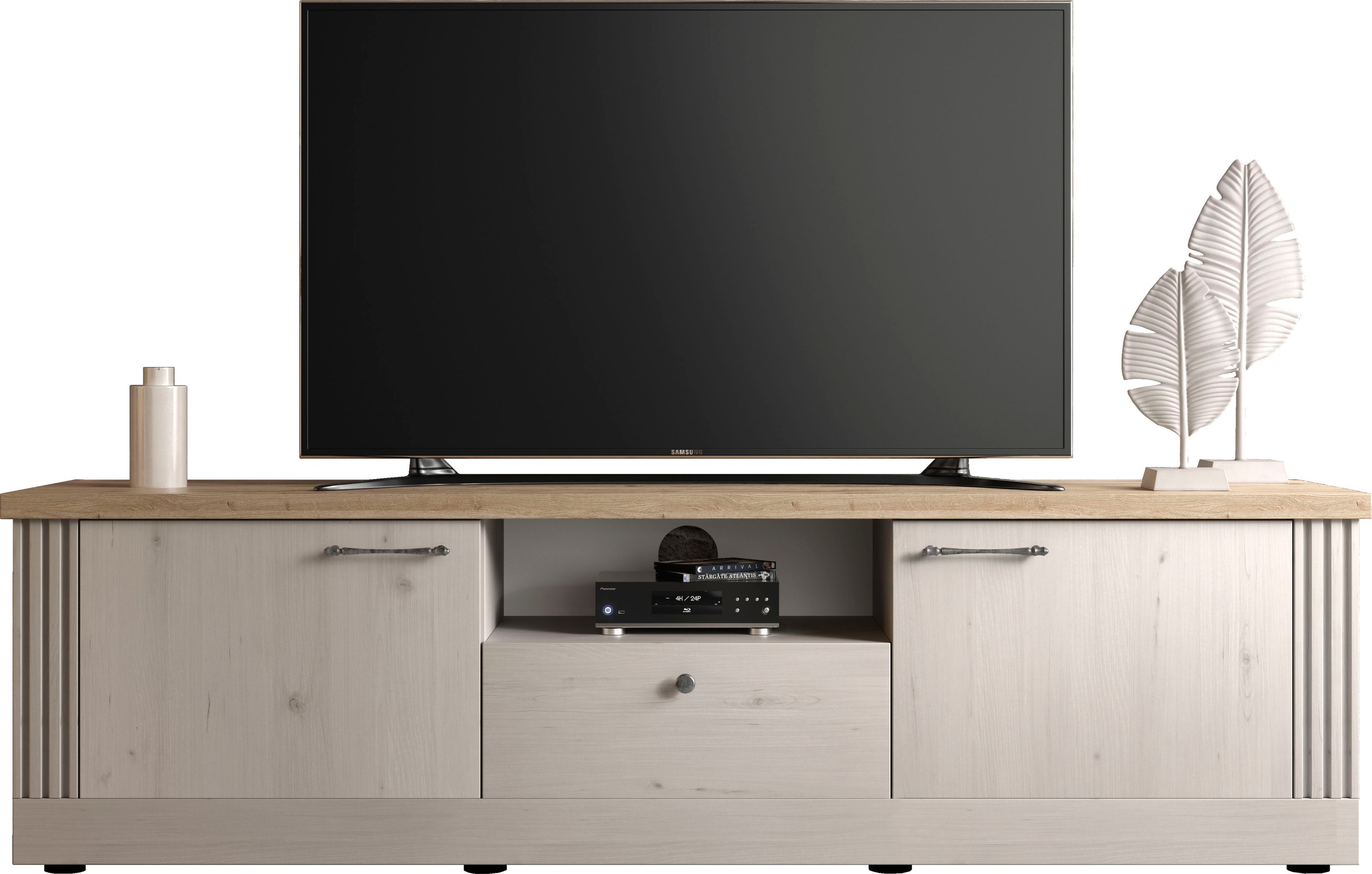 Image of GOODproduct Lowboard "Country Breite 211 cm, TV-Board 2 Türen u. 1 Schubkasten, TV-Schrank" im Landhausstil, viel Strauraum, mit Metallgriffe, MDF Rahmen