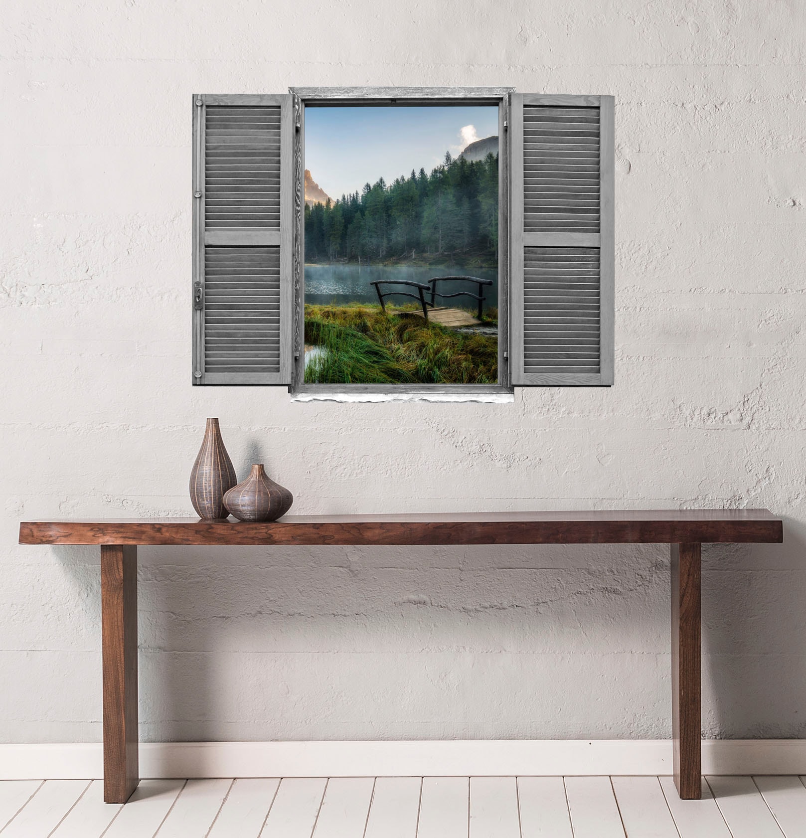queence Autocollant mural »Wald am See« Wandsticker, Wandbild, selbstklebend, 3D, Fenster