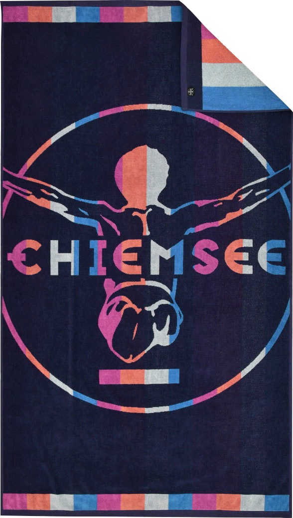 Chiemsee Strandtuch »Ibiza«, (1 St., Strandtuch 100 x 180 cm), saates Marineblau mit einem pastelfarbigen Logodruck