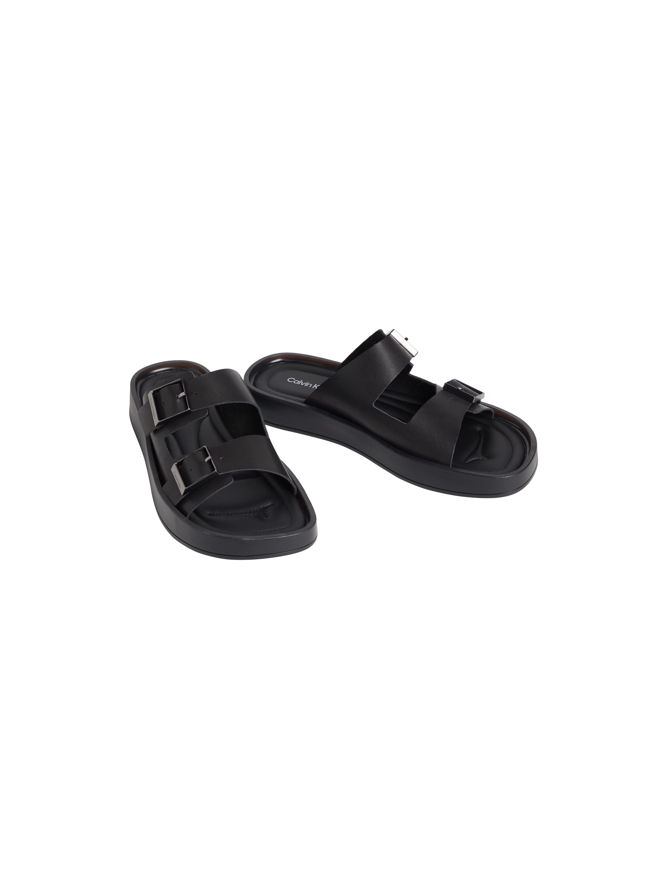 Image of Calvin Klein Pantolette "ERGON DOUBLE BAR SANDAL LTH" Strandschuh, Sommerschuh, unifarbener Flat mit Logoschriftzug
