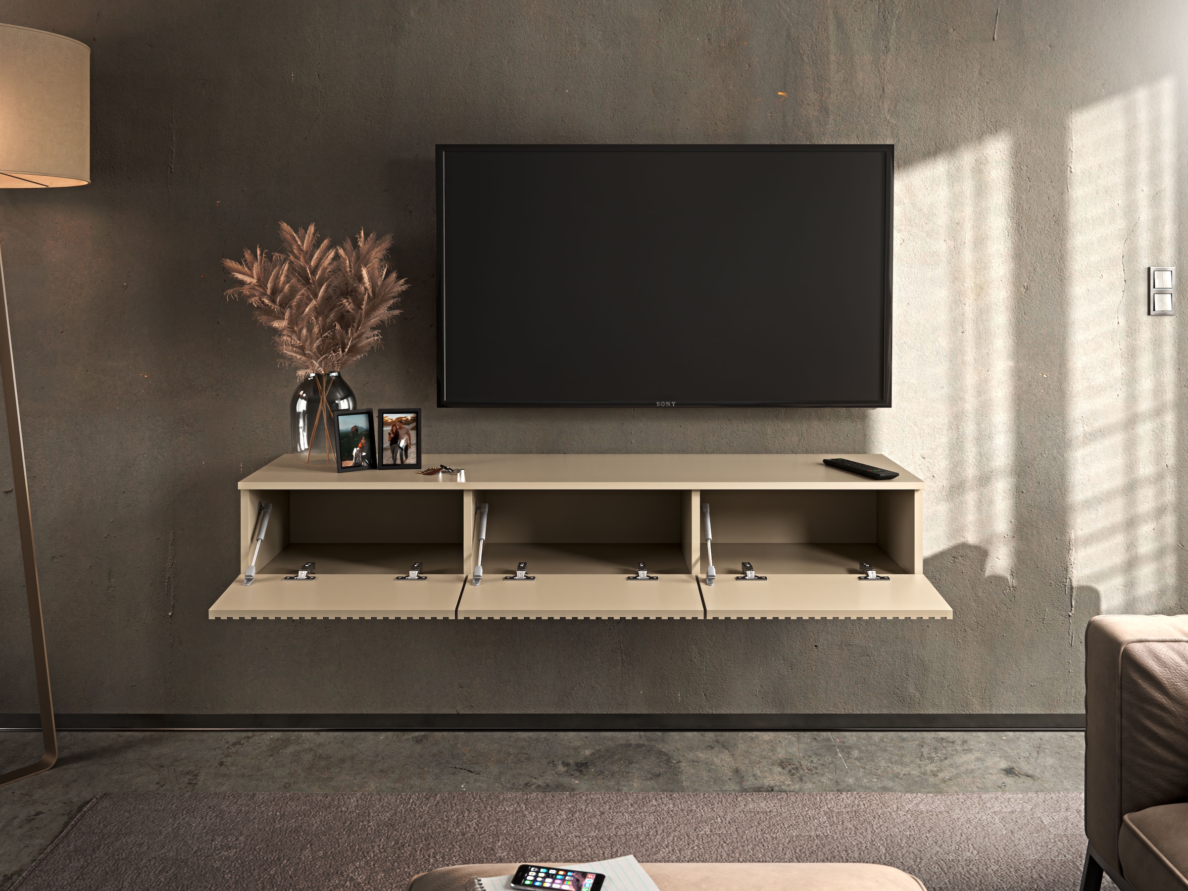 HBZ Table basse »Lowboard Lanai, hängend, mit moderner Rillenoptik« 1 cuis tlg. Largeur 150cm, revêtement mélaminé, ouverture par pression
