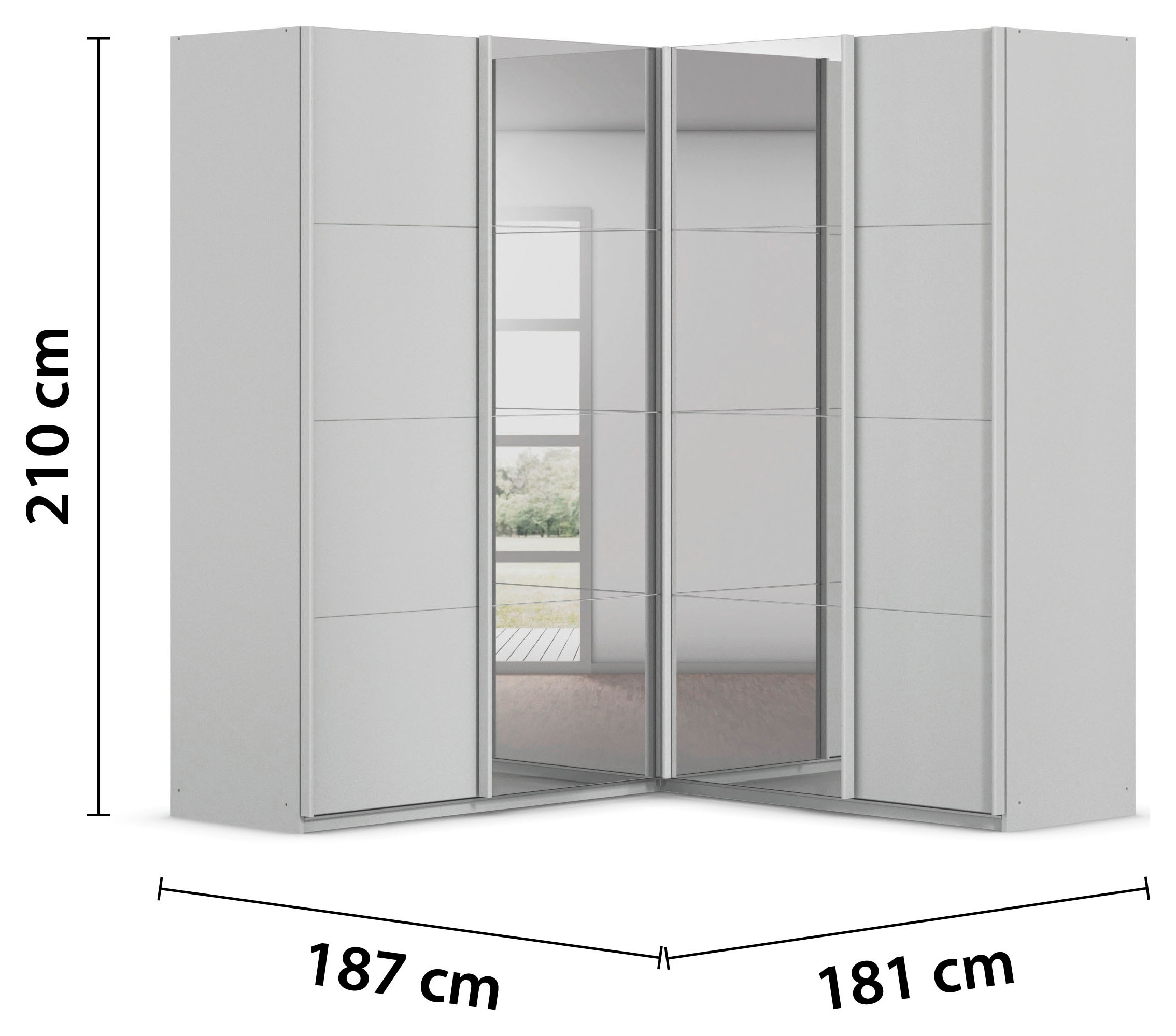rauch Schwebetürenschrank »Schrank Garderobe Eckkleiderschrank QUADRA Front in Dekor/Hochglanz« Mass 181x187 cm, Höhen 210/229 cm, inkl. Soft-Close-Funktion,  extra grosser Eckschrank inkl. Schubladeneinsatz MADE IN GERMANY