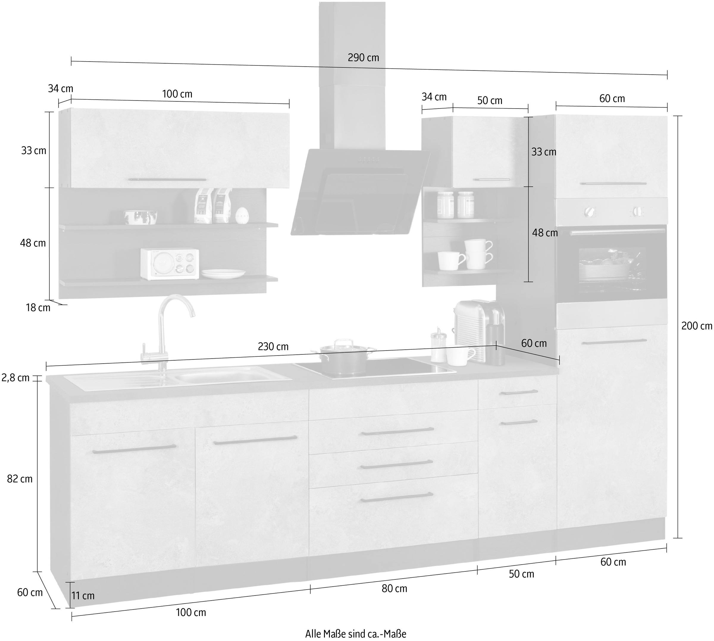 KOCHSTATION Kitchenette »KS-Tulsa« sans appareils électriques, largeur 290 cm, poignées métalliques noires, façades MDF