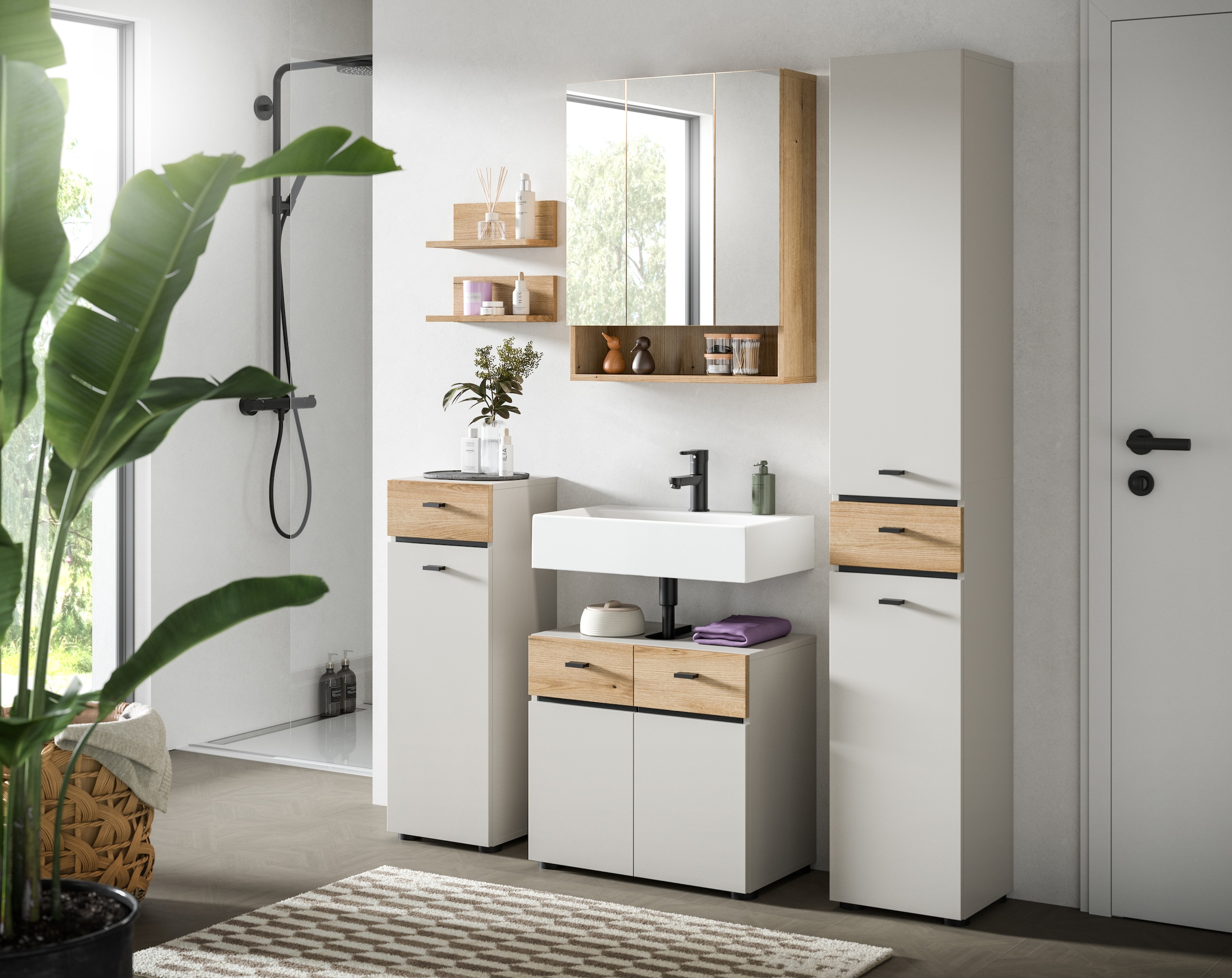 welltime Ensemble de meubles de salle de bain »VANN, 6-teilige moderne Badkombination, individuell stellbar« Midischrank, 2er Set Wandregal, WBU, Spiegelschrank, Hochschrank, 6 cuis tlg.