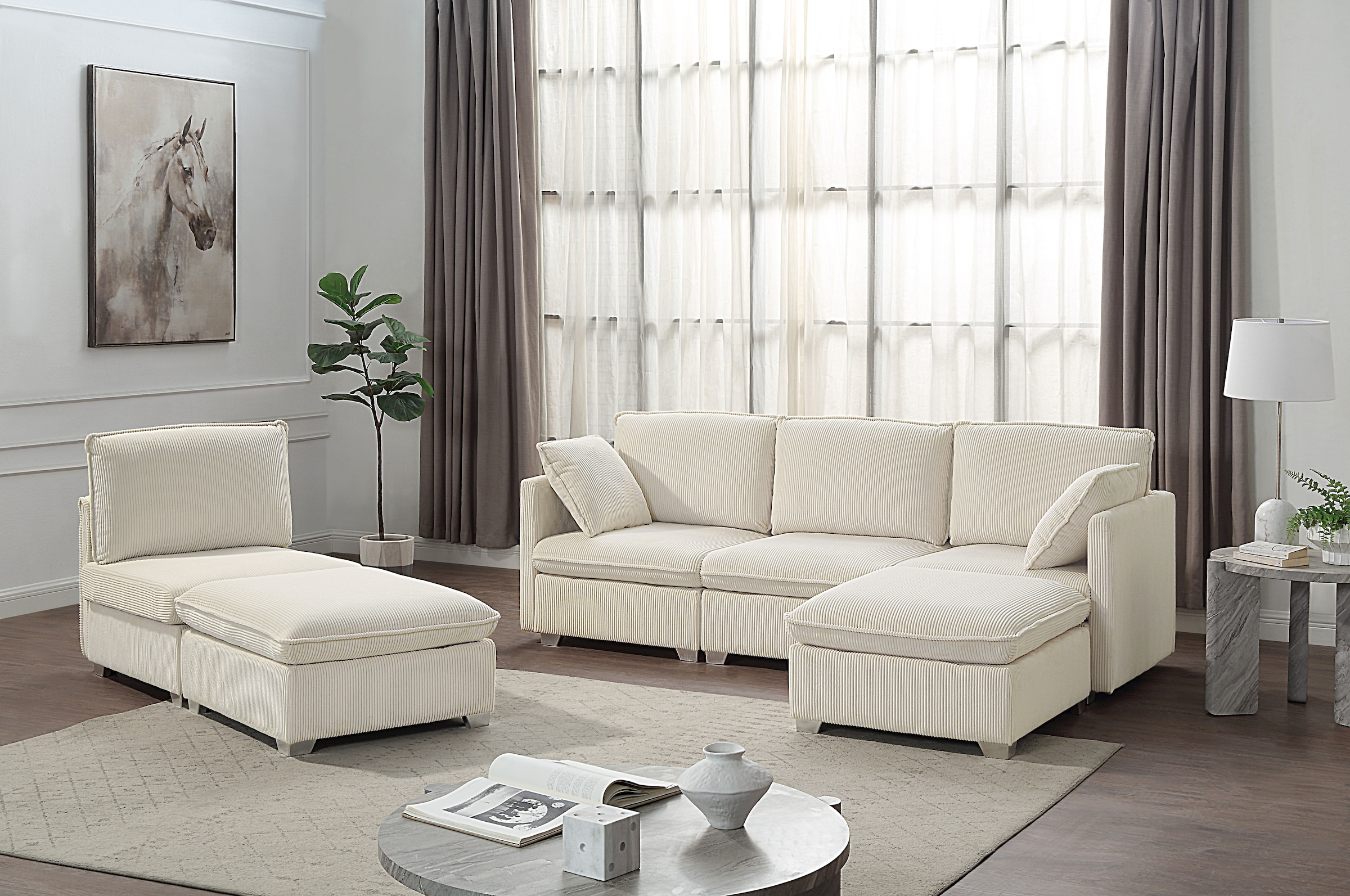 Image of ATLANTIC home collection Wohnlandschaft modularer 4-Sitzer mit 2 Hockern, weicher Cordbezug
