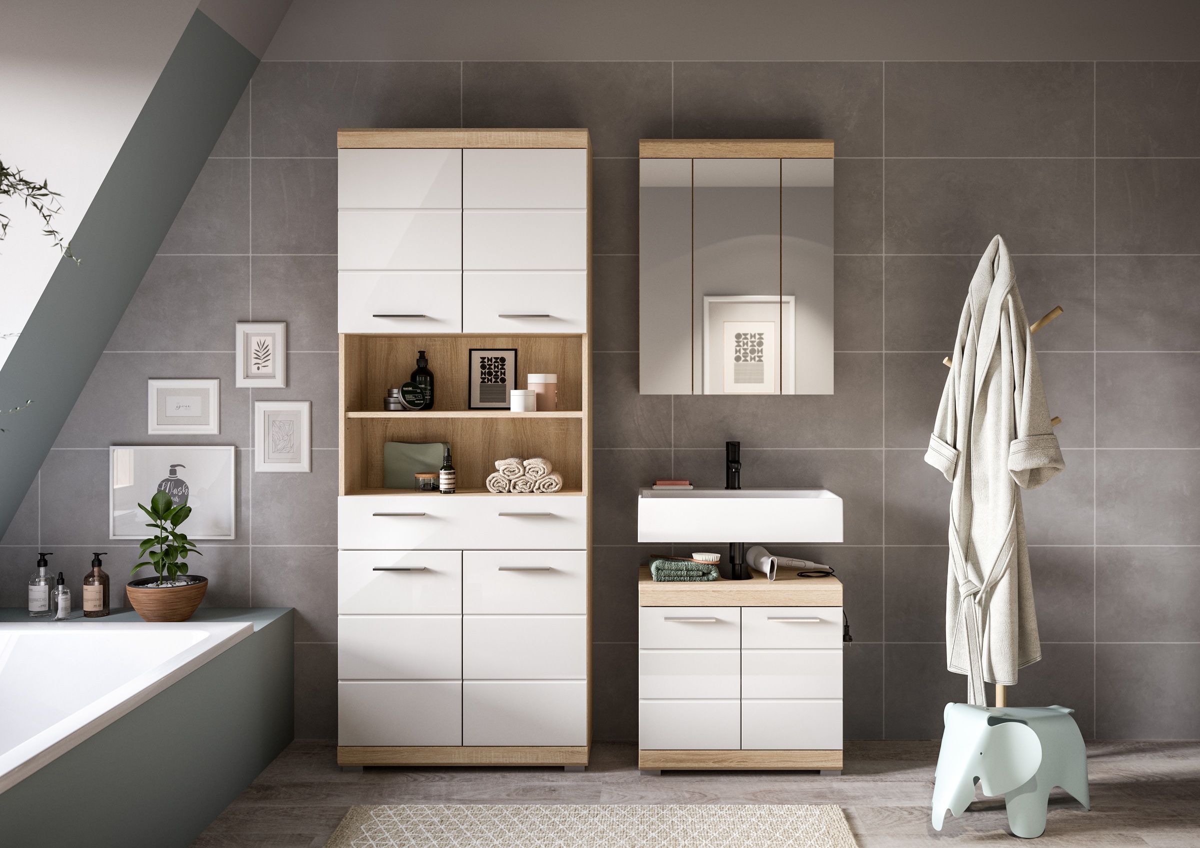 welltime Ensemble de meubles de salle de bain »SIENA, TOPSELLER!, Breite 149cm, 3-teiliges Set« Set, bestehend aus: Hochschrank, Waschbeckenunterschrank & Spiegelschrank, 3 cuis tlg.