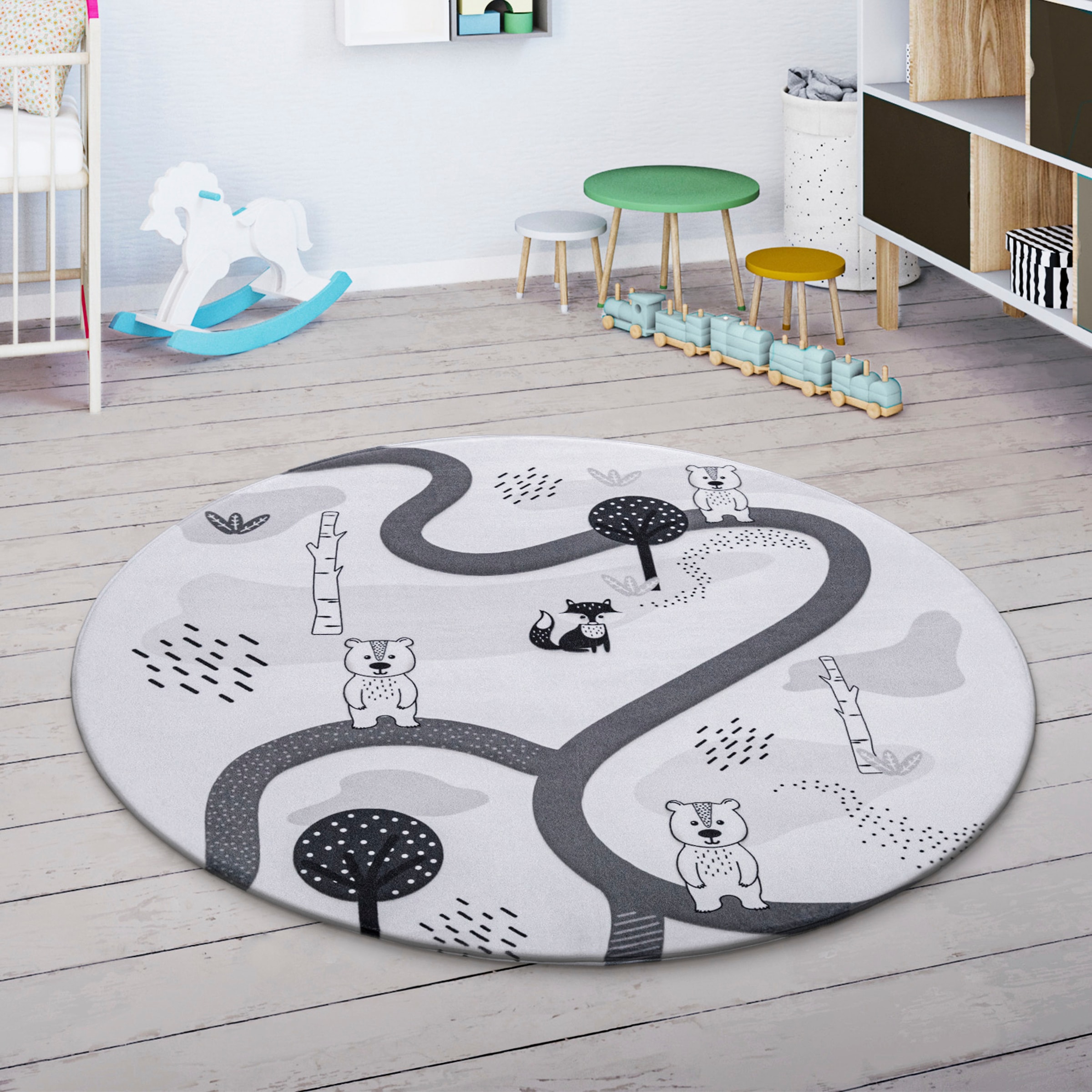 Paco Home Kinderteppich »Chicos 560«, rund, 4 mm Höhe, Flachgewebe, Strassen-Spiel-Teppich, Kinderzimmer
