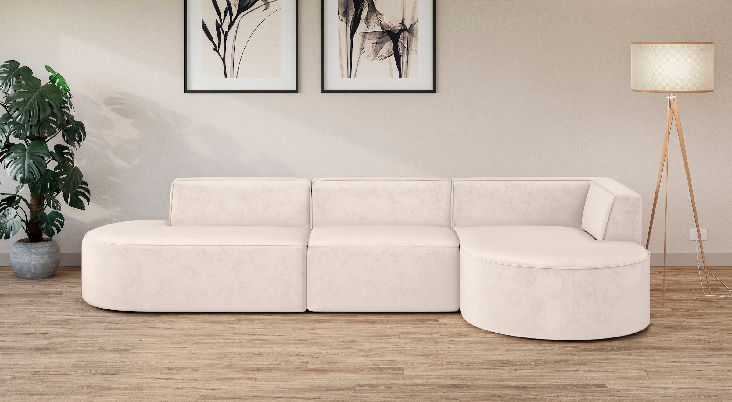andas Ecksofa »EIVIND Designer Sofa mit Ottomane rechts/links, B/T/H: 343/159/72 cm«, L-Form mit Wellenunterfederung, auch in Feincord und Bouclé