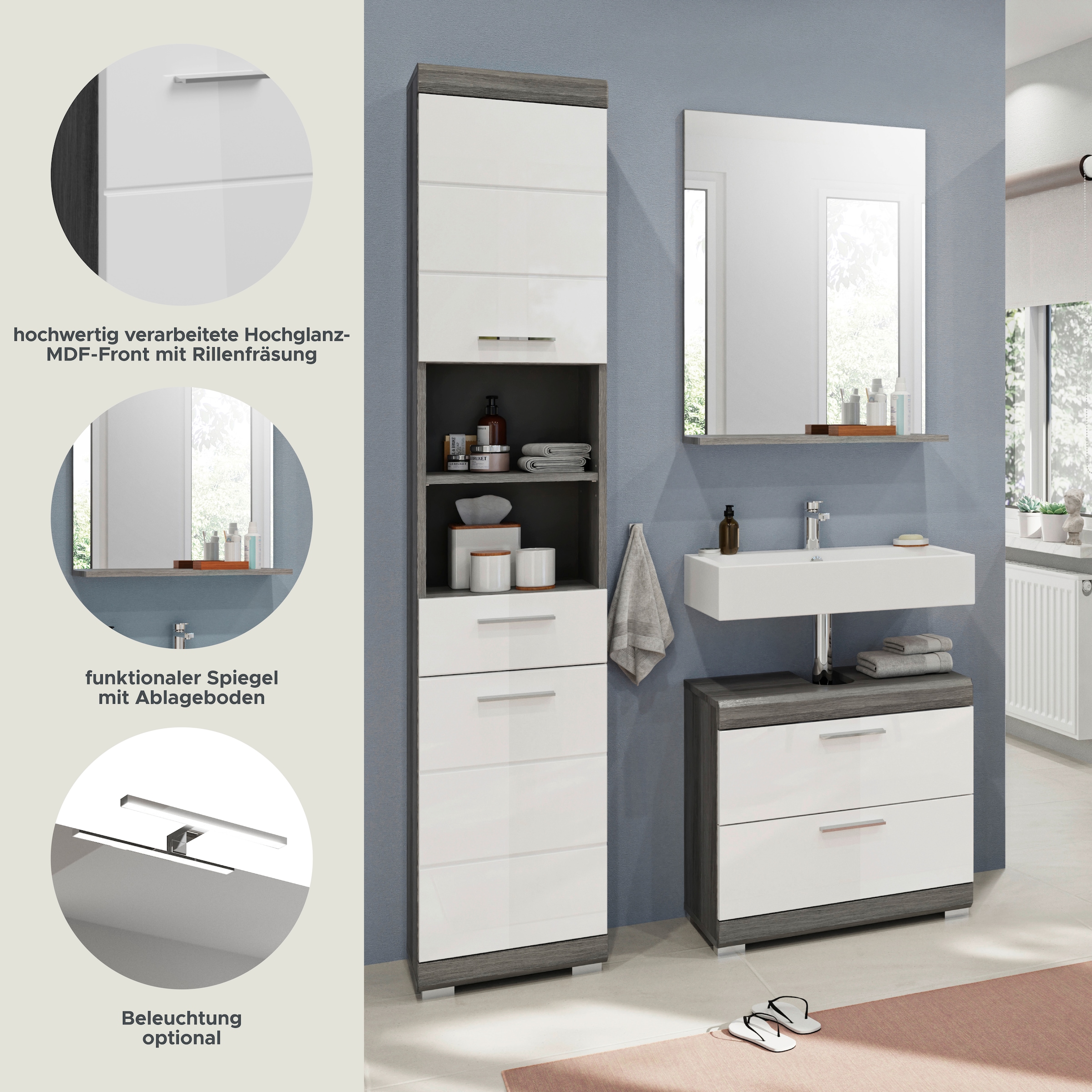 INOSIGN Badmöbel-Set »Siena, 3 teilig, bestehend aus:«, (Set, 3 St.), Hochschrank, Waschbeckenunterschrank, Spiegel