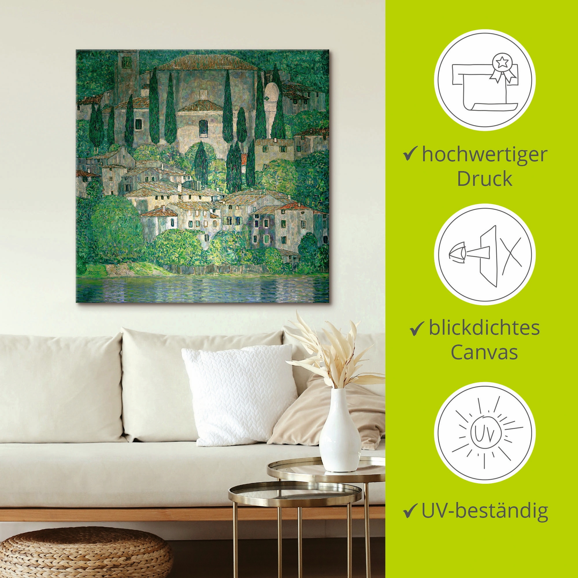 Artland Leinwandbild »Kirche in Cassone (Landschaft mit Zypres«, Europa, (1 St.), auf Keilrahmen gespannt
