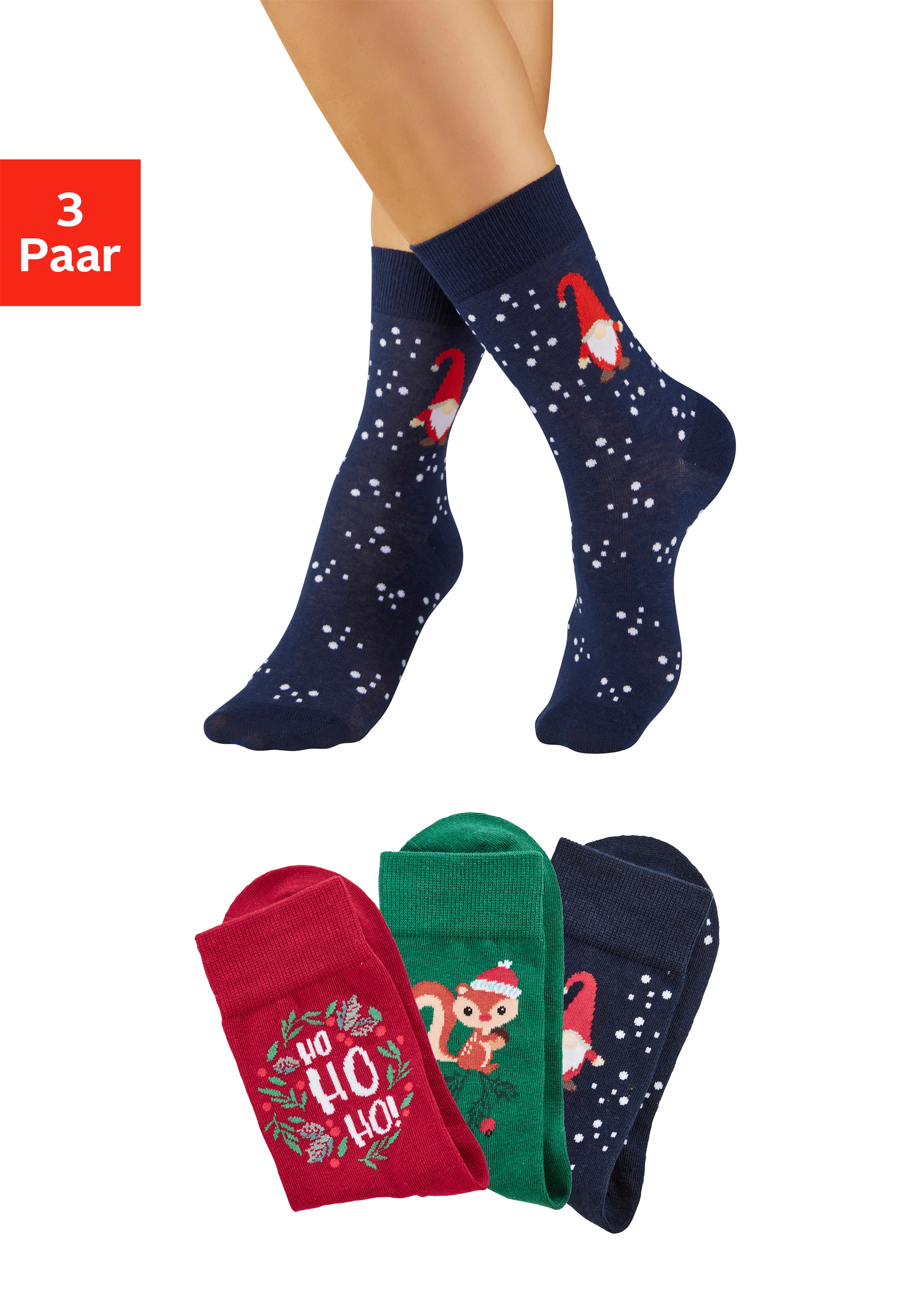 Image of H.I.S Freizeitsocken "Damen Weihnachtssocken" Packung, 3 Paar tlg. mit lustigen Motiven