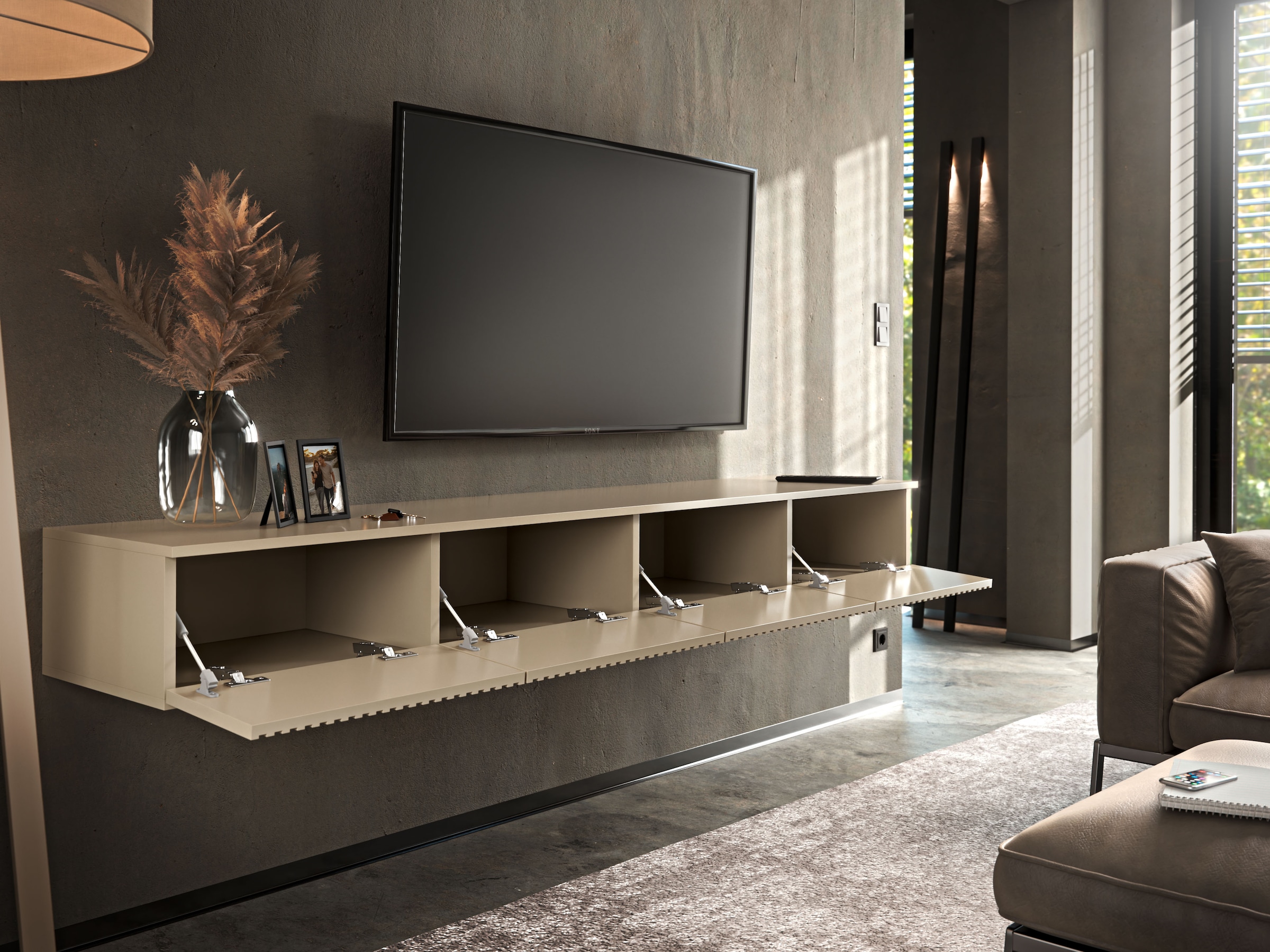 HBZ Table basse »Lowboard Lanai, hängend, mit moderner Rillenoptik« 1 cuis tlg. Largeur 200cm, revêtement mélaminé, ouverture par pression
