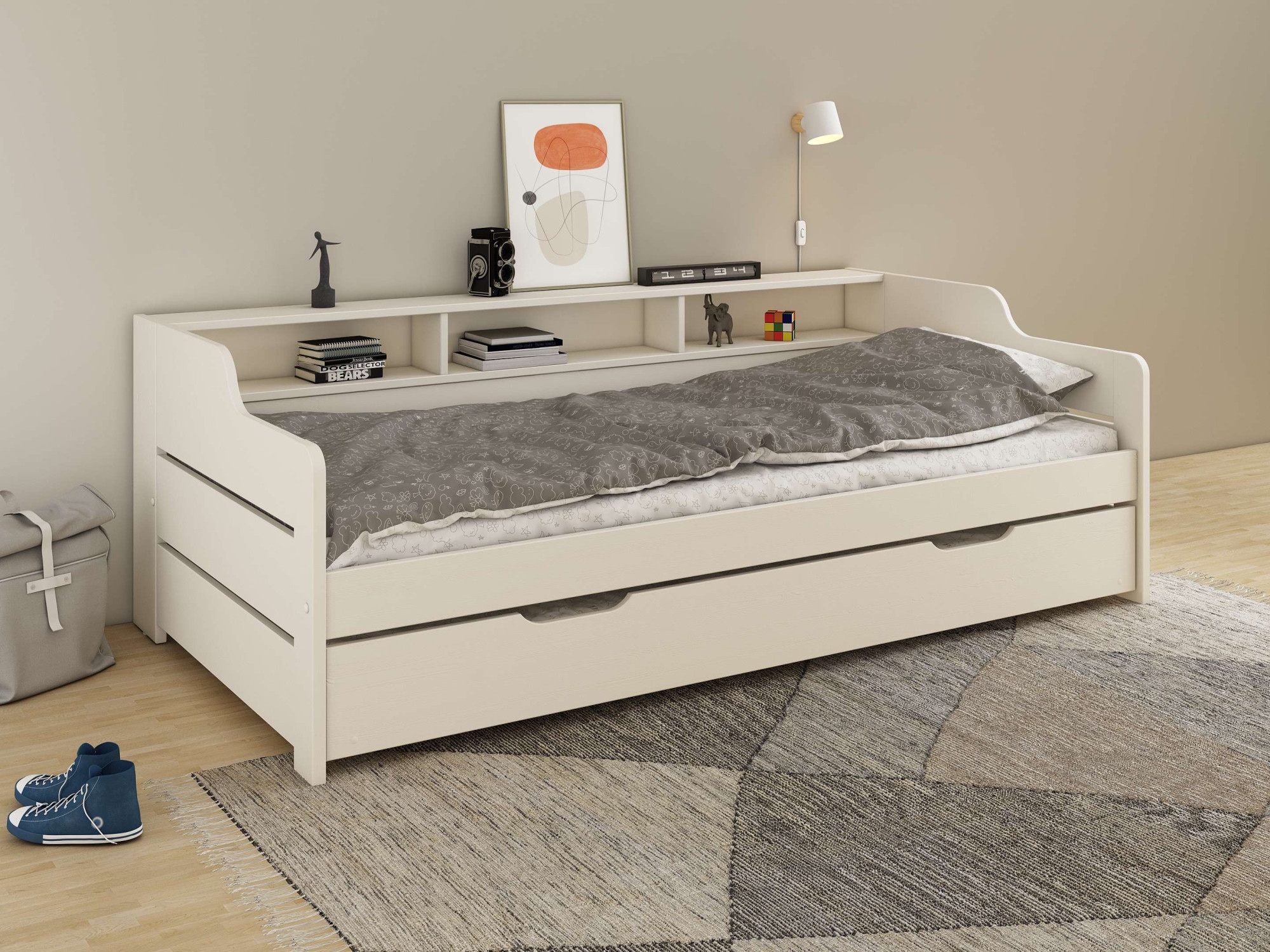Home affaire Daybett »"REETE1", Stauraum, Funktionsbett, Kinderbett, inklusive Schubkasten«, (90x200cm, 2 Schlafplätze), mit Regalen, FSC® zertifiziertes Massivholz (Kiefer), Landhausstil