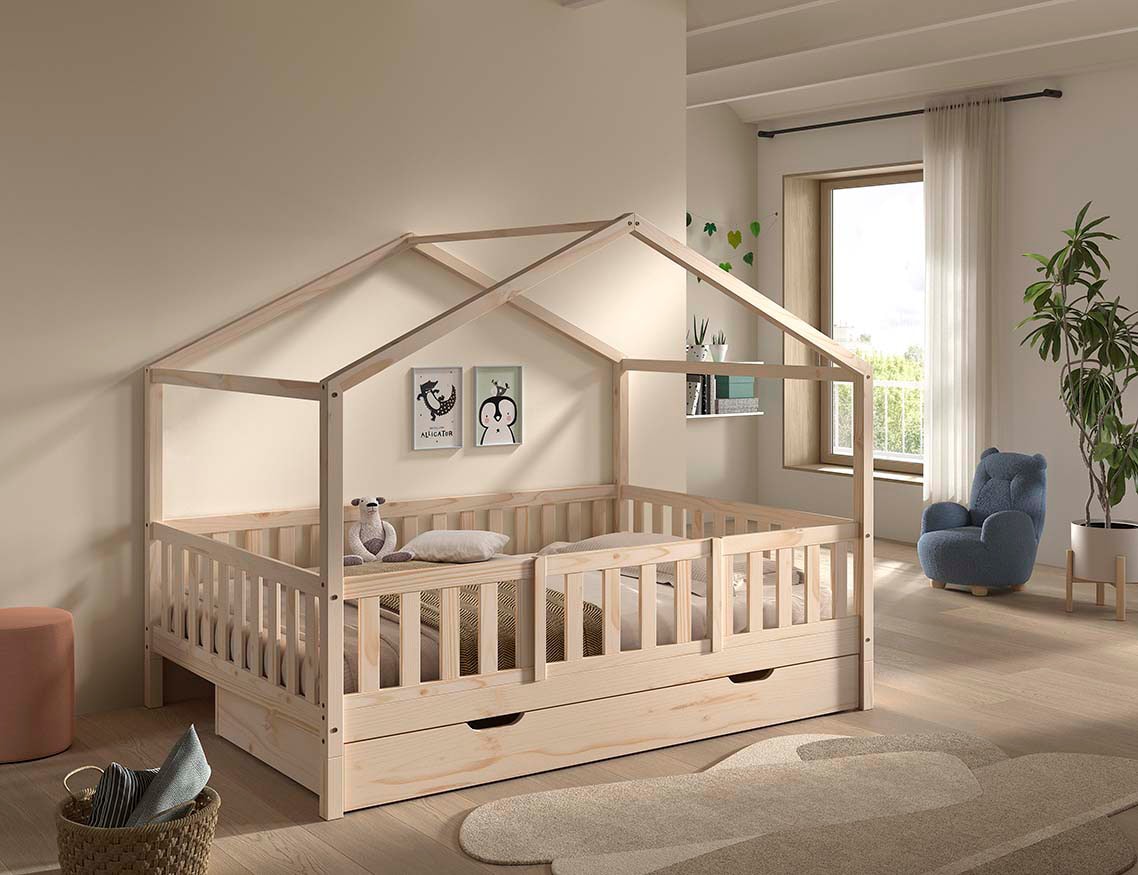 Vipack Hausbett »Dallas, Massivholzbett mit Dachaufbau umbaubar vom Boden- zum Daybett« mit Bettschublade, wahlweise Kiefer massiv natur oder weiss