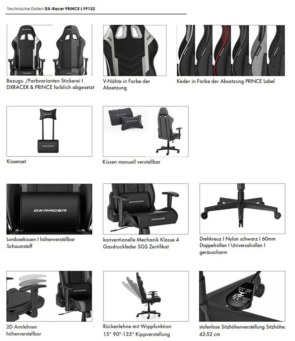 MCA furniture Chaise de jeu »DX Racer Prince Gamingchair« (Set) 1 cuisGaming,Racing,Design,Lordose,Kissen,Armlehne,drehbar,verstellbar