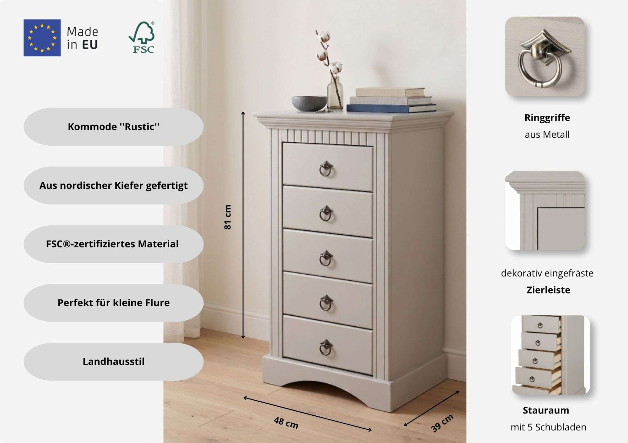 GOODproduct Kommode »Rustic« Breite 48cm, aus massiver Kiefer, 5 Schubladen, FSC®-zertifiziert