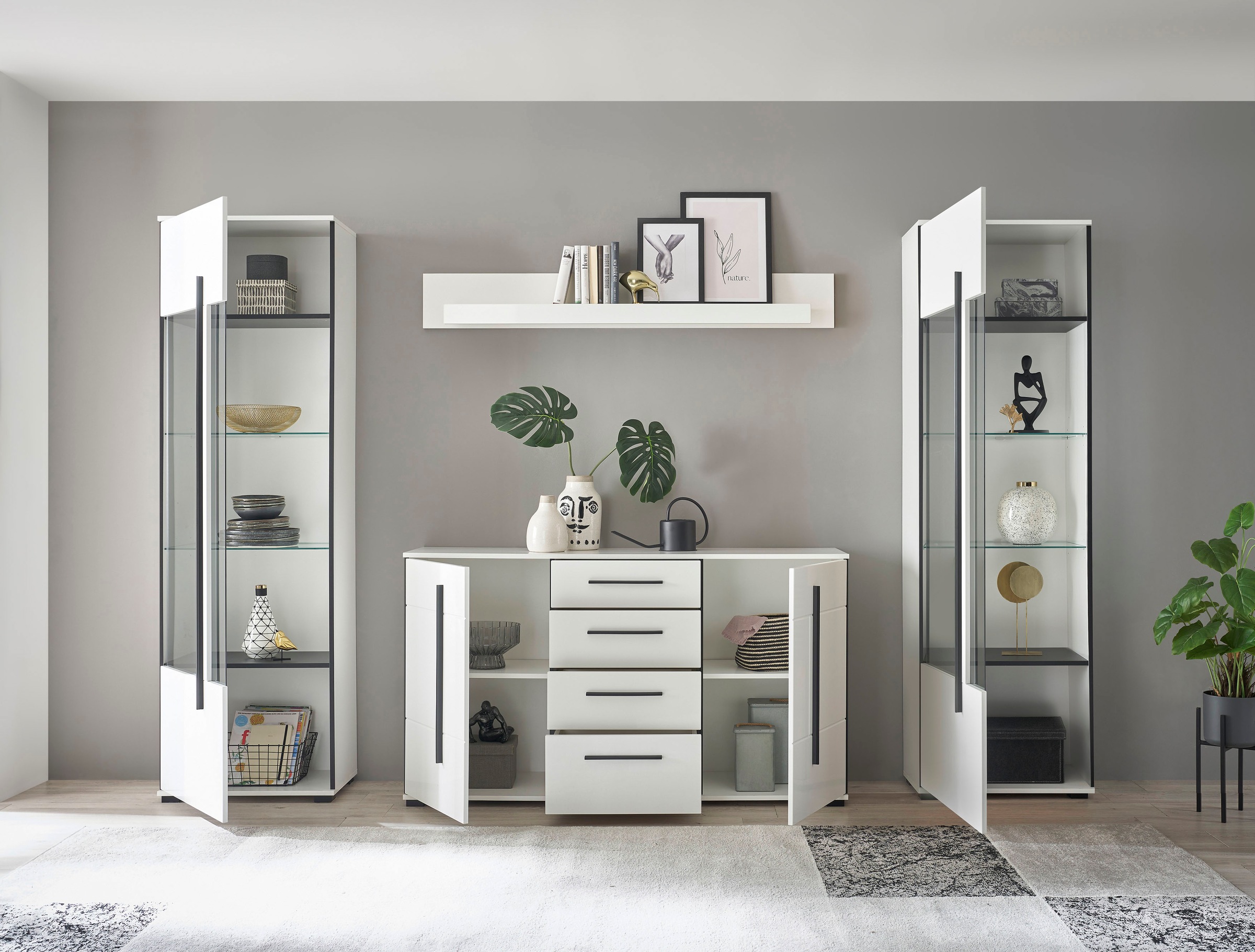INOSIGN Wohnwand »Cantara, moderne Anbauwand, Wohnzimmer-Set, in Eiche Evoke oder Weiss«, (Set), enthält zwei Vitrinen, ein Sideboard und ein Wandboard