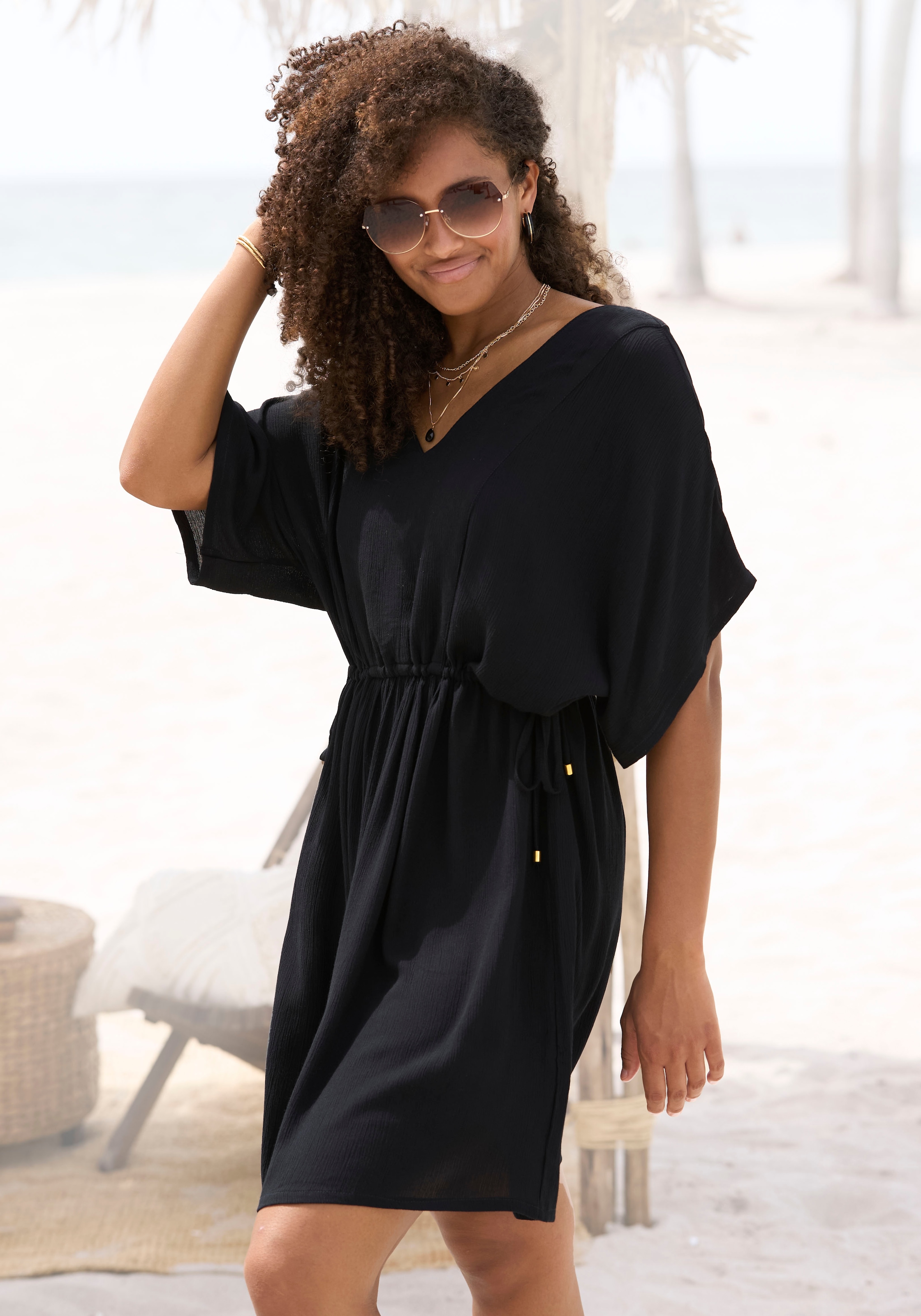 Image of s.Oliver Longtunika aus gekreppter Viskose, kurzes Strandkleid, Blusenkleid, taillierbar
