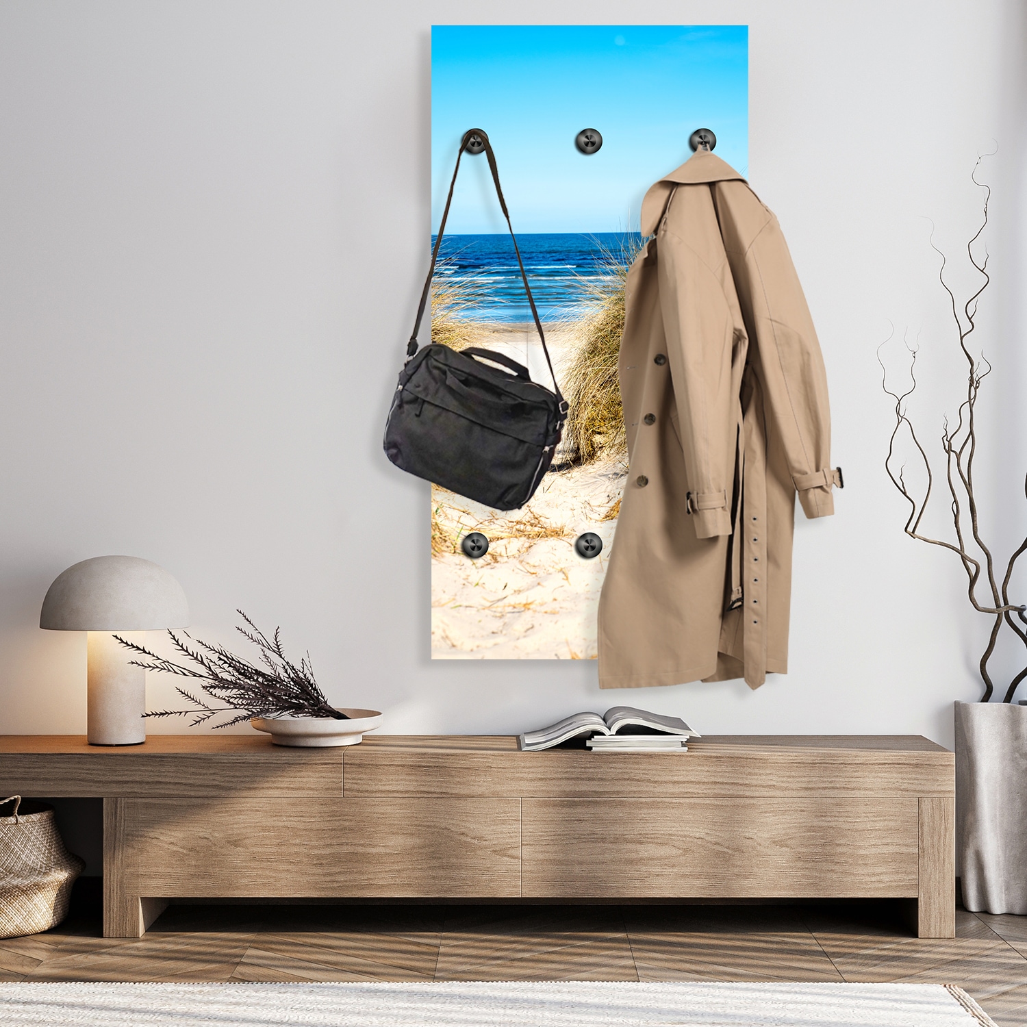 queence Porte-manteau mural »Strand auf Rügen« 1 cuis tlg. panneau mural en acrylique avec 6 crochets en acier inoxydable noir mat