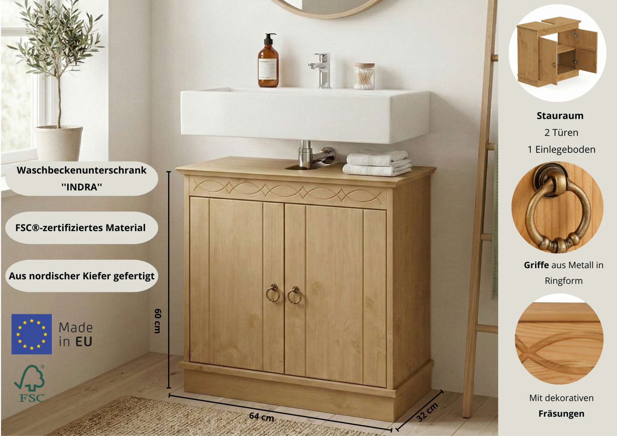 GOODproduct Waschbeckenunterschrank »Indra, Badschrank, Badmöbel, Badezimmerschrank« B/T/H: 64/32/66 cm,  aus massiver Kiefer, 2 Türen,  FSC®-zertifiziert