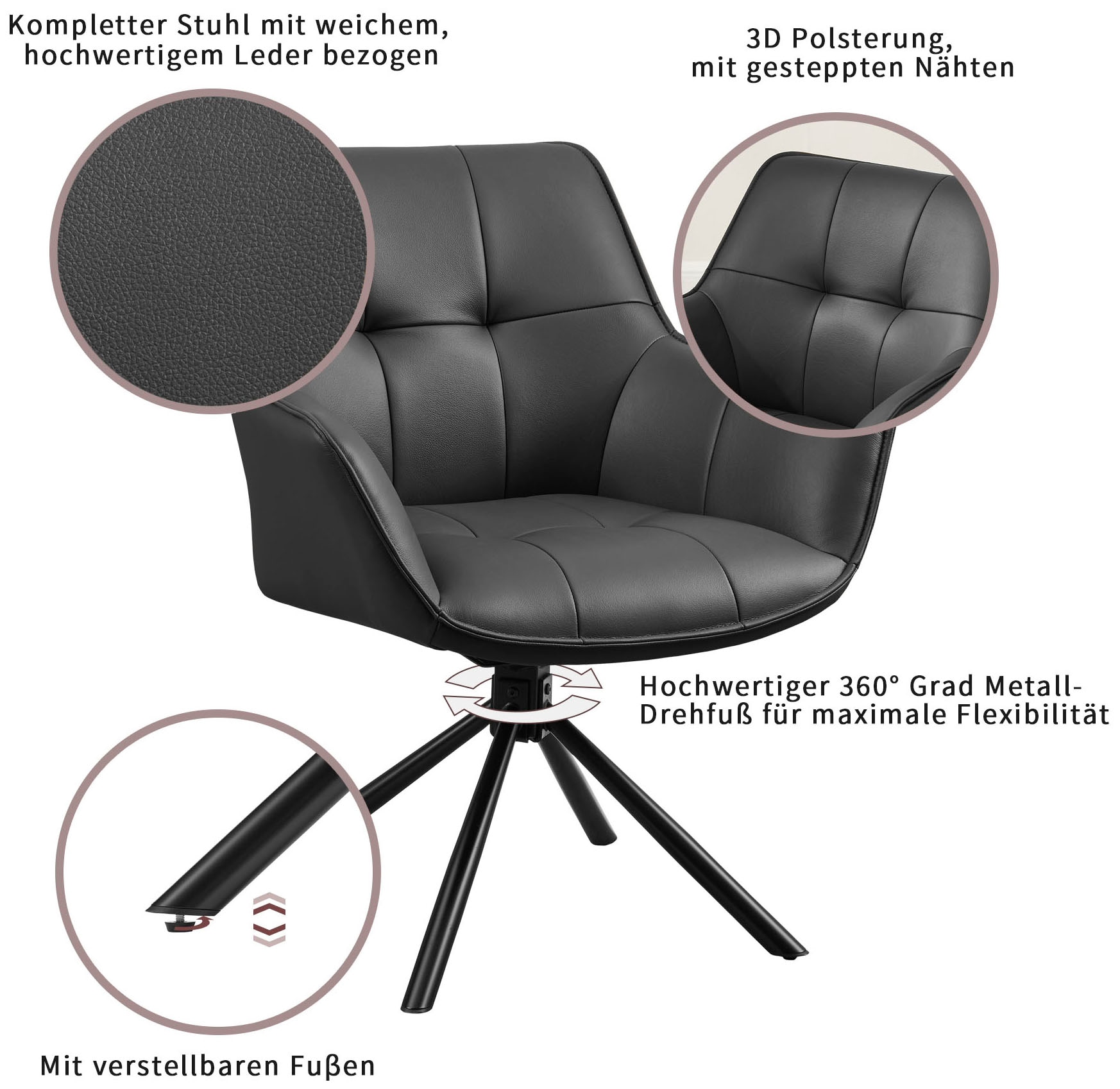 GOODproduct Chaise pivotante »Lika« (Ensemble) 2 cuisechtes Leder, 360° Drehfunktion, Steppnähte, Metallgestell