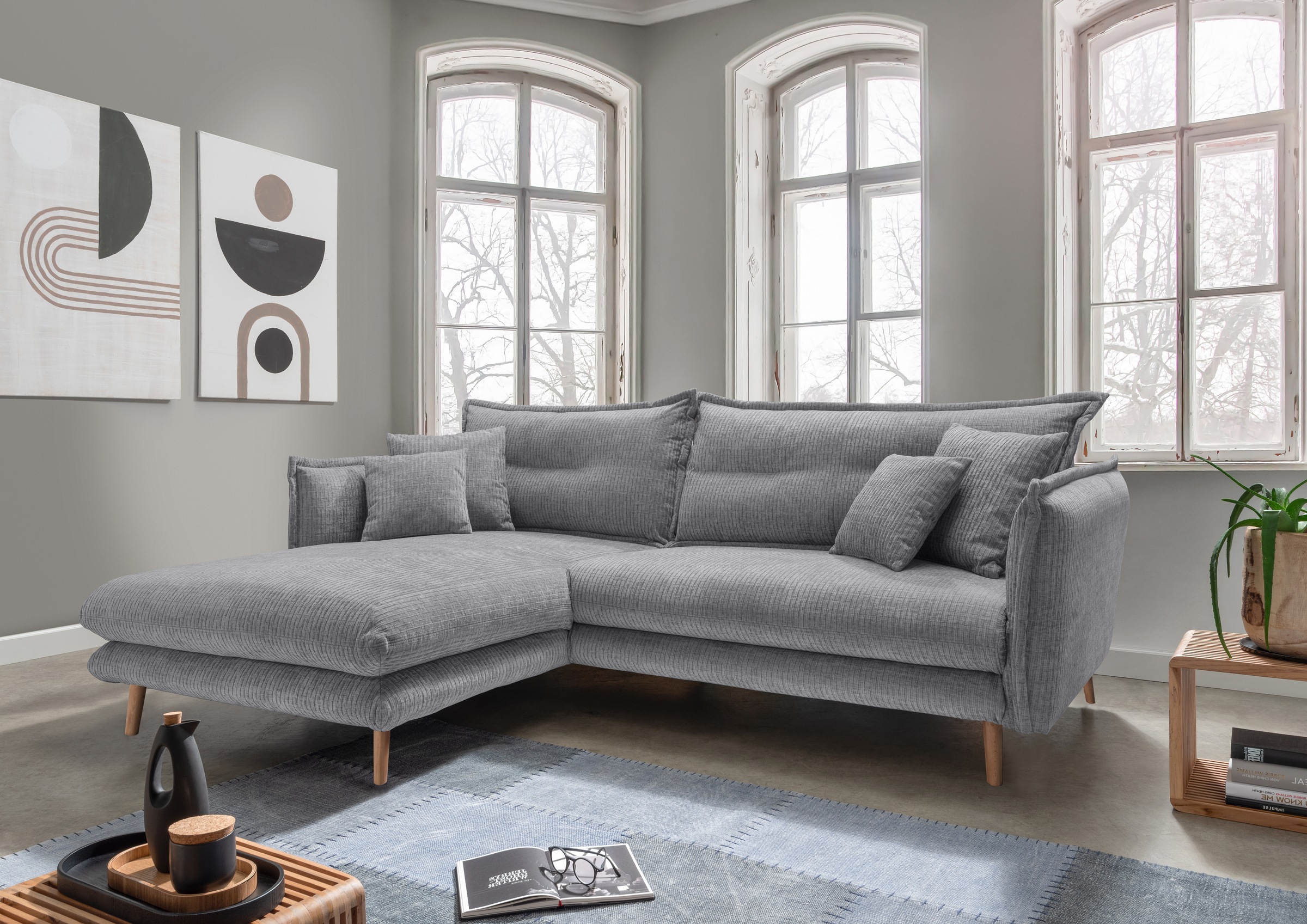 Image of Home affaire Ecksofa "Levke aktuelles Design: Kissen Optik, Holzfuss naturfarben, bequem" Velours, Kissen: Paradiso, L-Form, inkl. Rücken- und Zierkissen