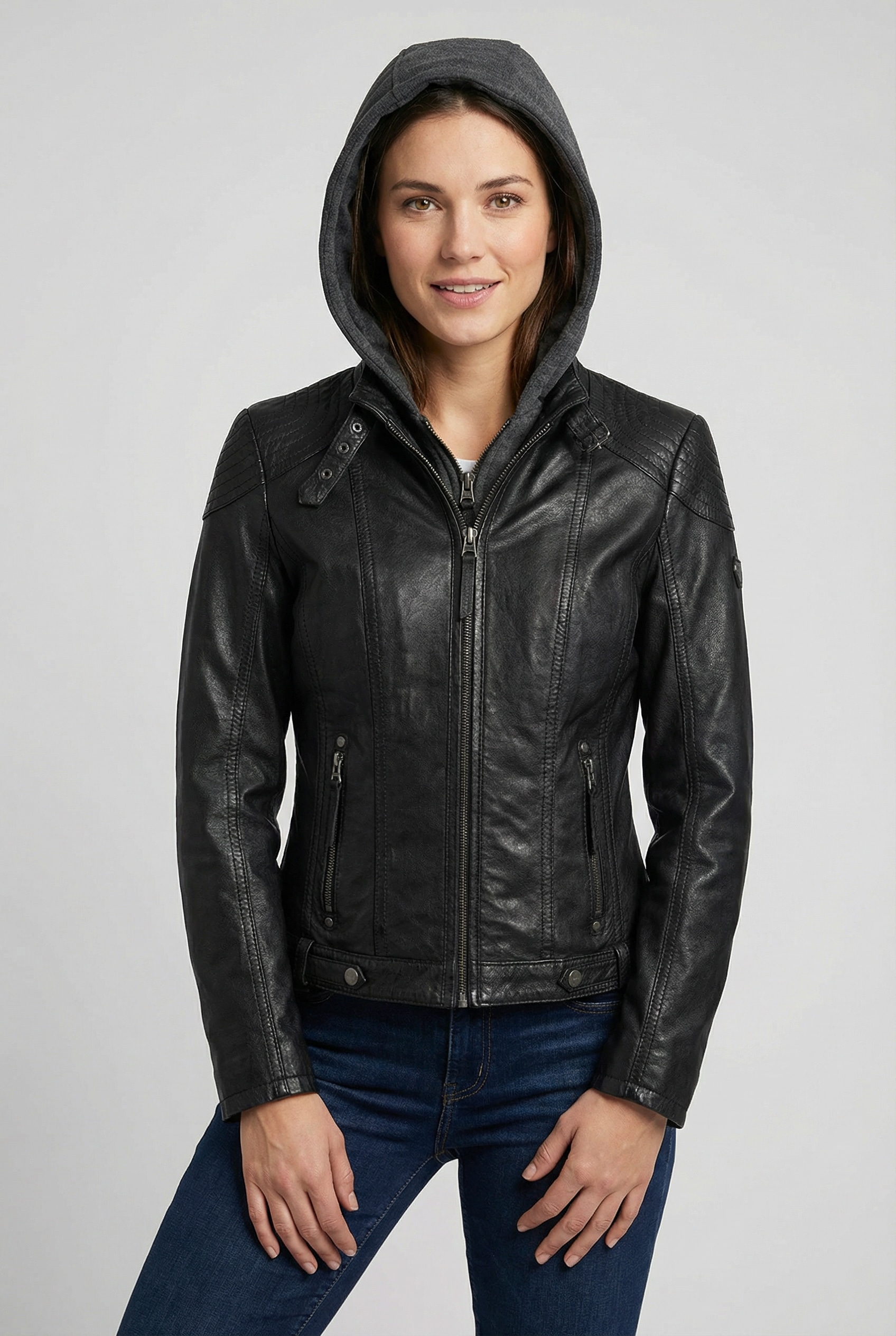 Mauritius Veste en cuir »Cacey LEGV« mit Kapuze mti Kapuze, Reissverschluss, Ziersteppung