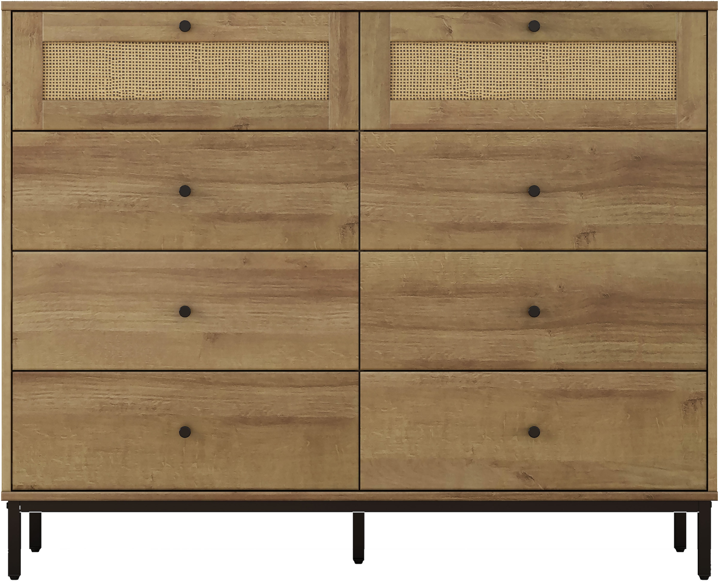 GOODproduct Kombikommode »Motala Wäsche Schrank mit 8 Schubladen Sideboard BOHO Design« Eichen-Design mit schwarzen Griffen und Geflecht Schubladen,  Kommode Schrank Wäscheschrank mit 8 Schubladen