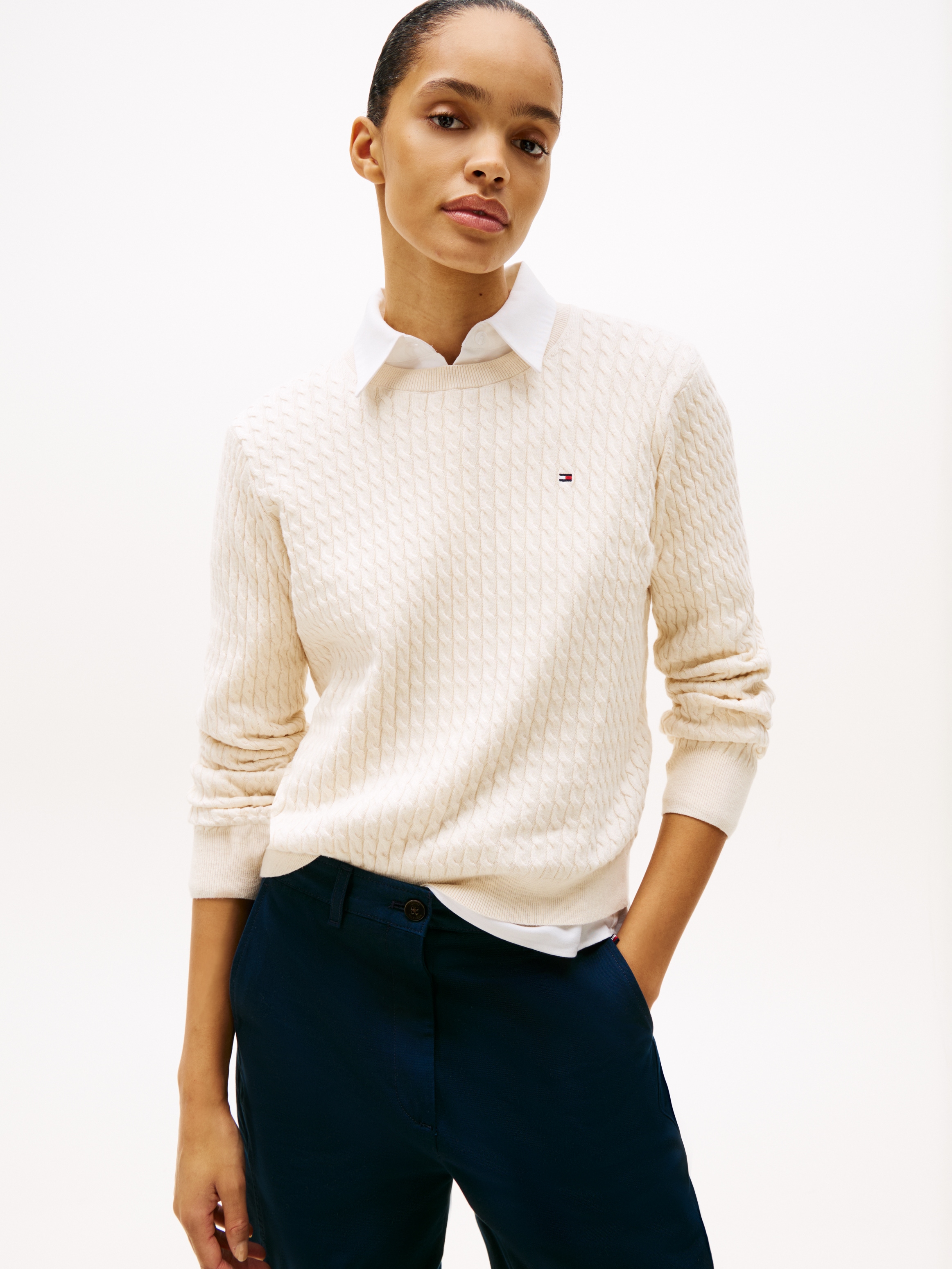 Tommy Hilfiger Pull à col rond »CO CABLE C-NK LS SWEATER« Baumwolle, mit Zopfmuster, Regular Fit