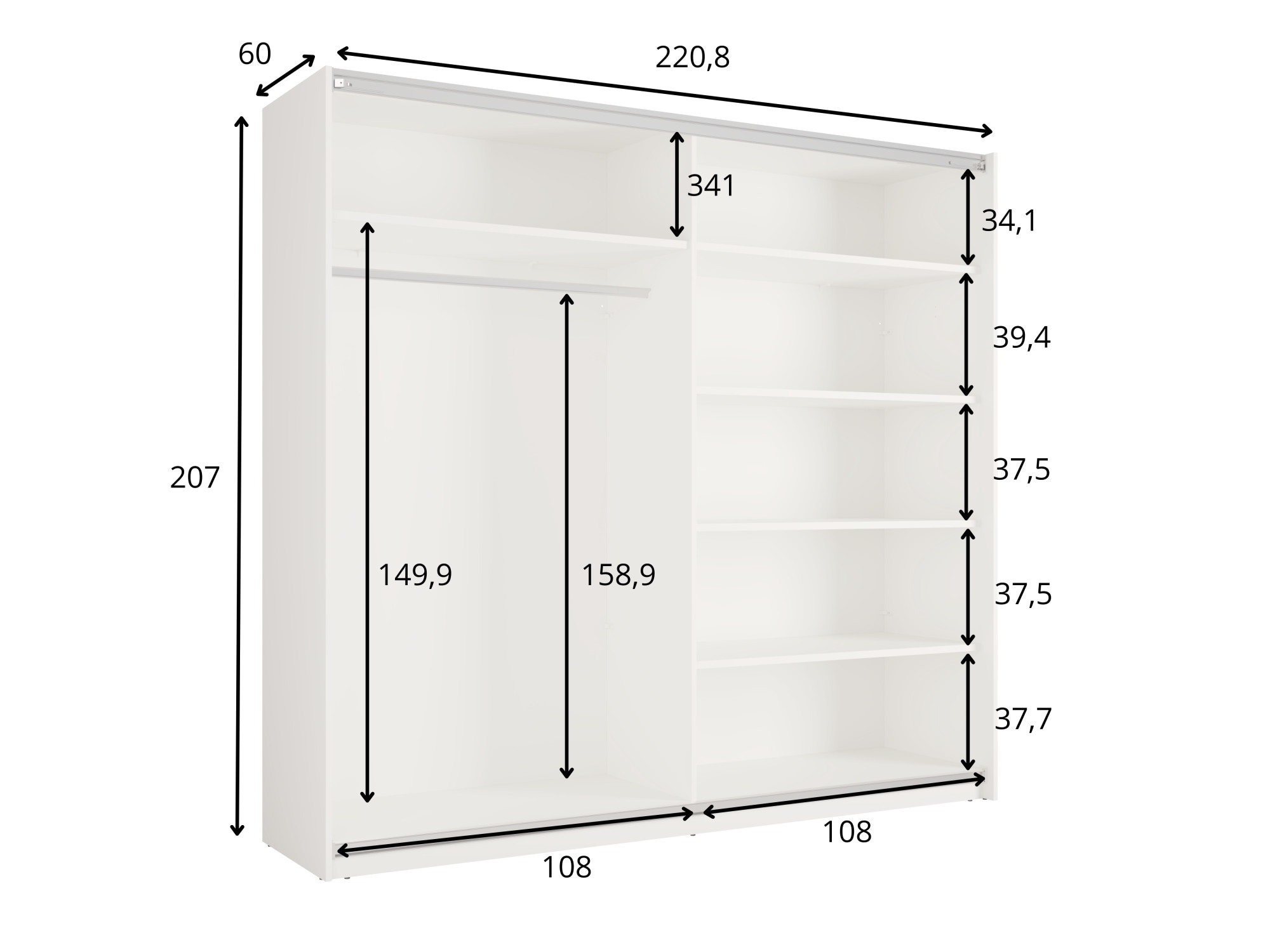 Home affaire Kleiderschrank »LISELOTTE mit Spiegel, wahlweise mit Beleuchtung, Breite 221 cm« Garderobe mit 2 Schwebetüren, weiss oder cashmere, B/H/T: 221×207×60 cm