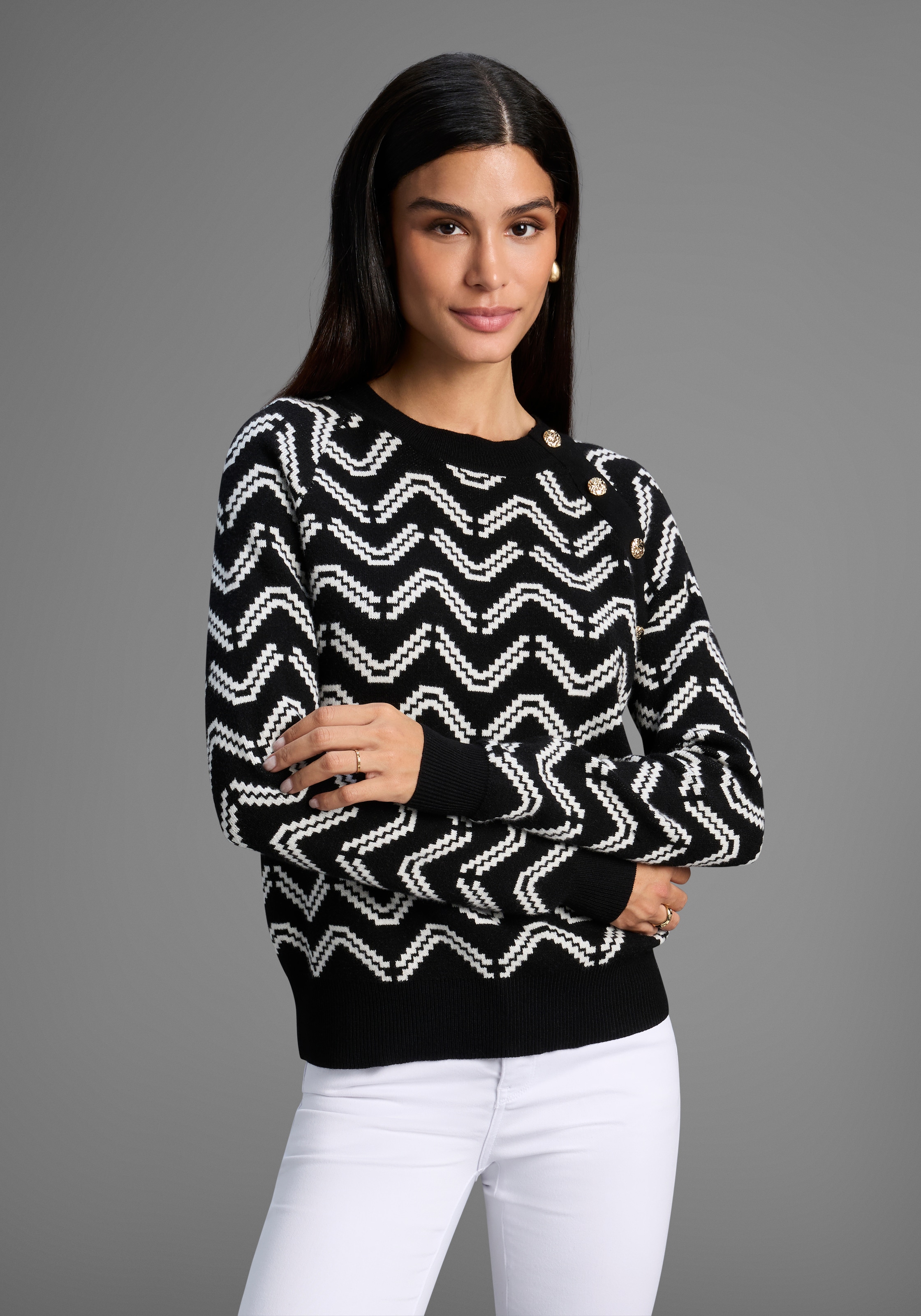 Image of Laura Scott Rundhalspullover kuscheliger Strick mit Jaquardmuster und Knöpfen - NEUE KOLLEKTION