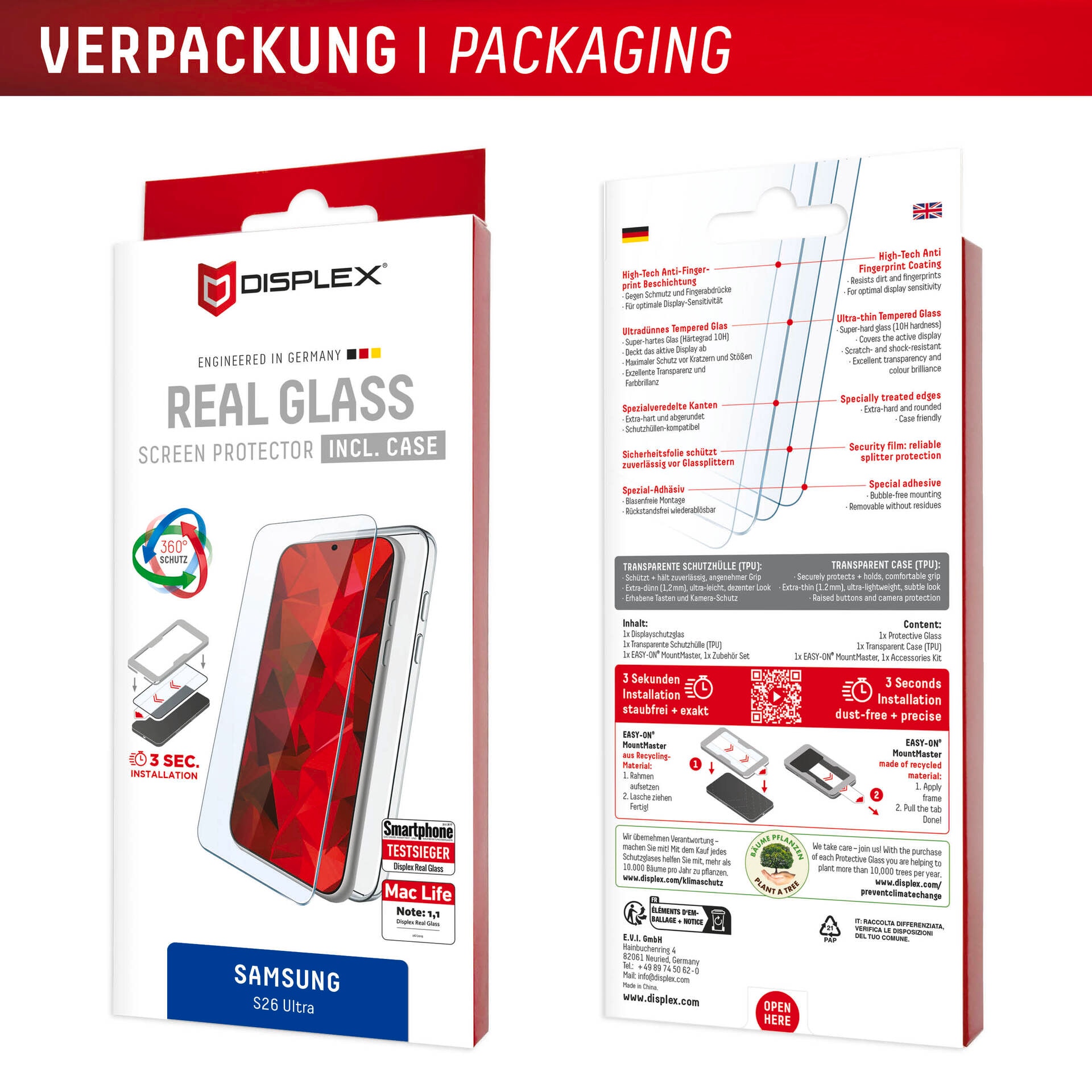 Displex Displayschutzglas »Real Glass Screen Protector inkl. Case mit MountMaster« für Samsung Galaxy S26 Ultra Displayschutzfolie, Schutzfolie, Bildschirmschutz, kratz- & stossfest