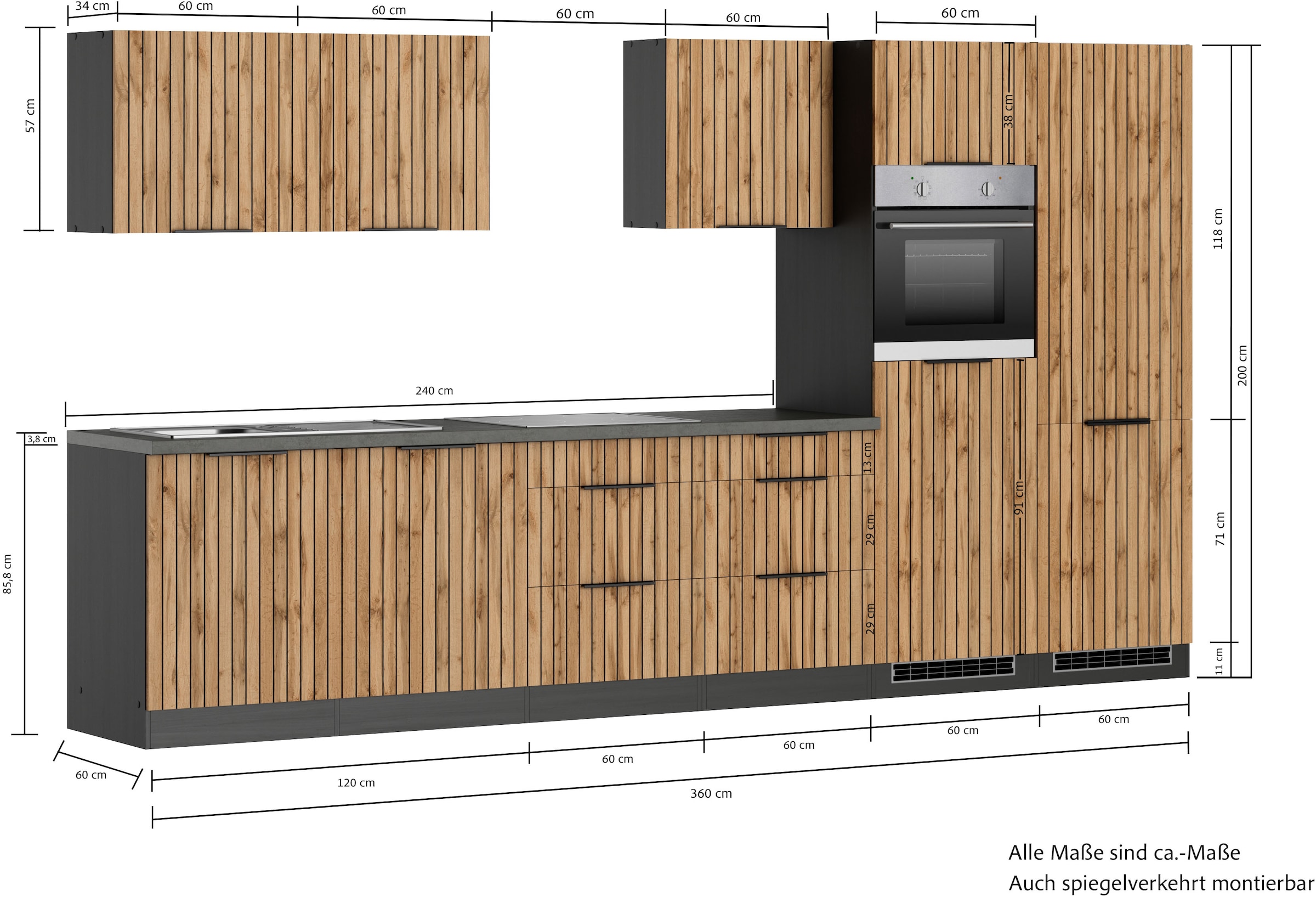 KOCHSTATION Kitchenette »KS-Lagos, Breite 360 cm, wahlweise mit E-Geräten« plaque de cuisson gaz ou induction, évier inox ou noir