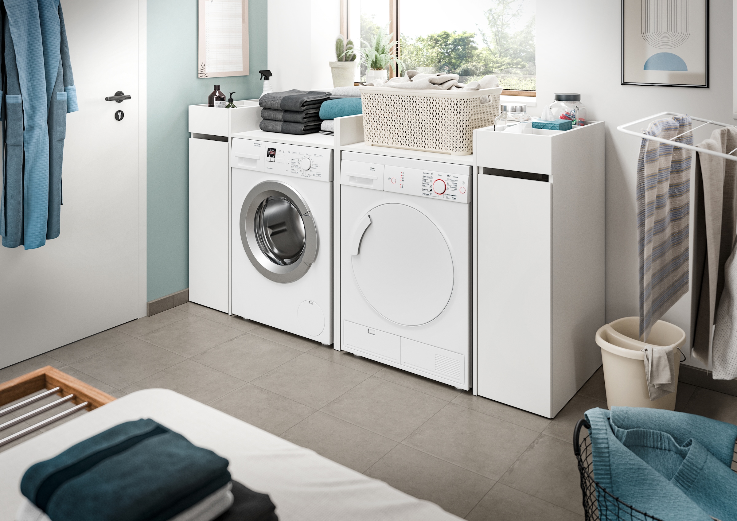 welltime Badmöbel-Set »FALAS, TOPSELLER!, 4-teilig, Hauswirtschaftsraum Set, Breite 190 cm« Set, bestehend aus: 2x Waschmaschinenumbauschrank und 2x Standregal, 4 Stk. tlg.