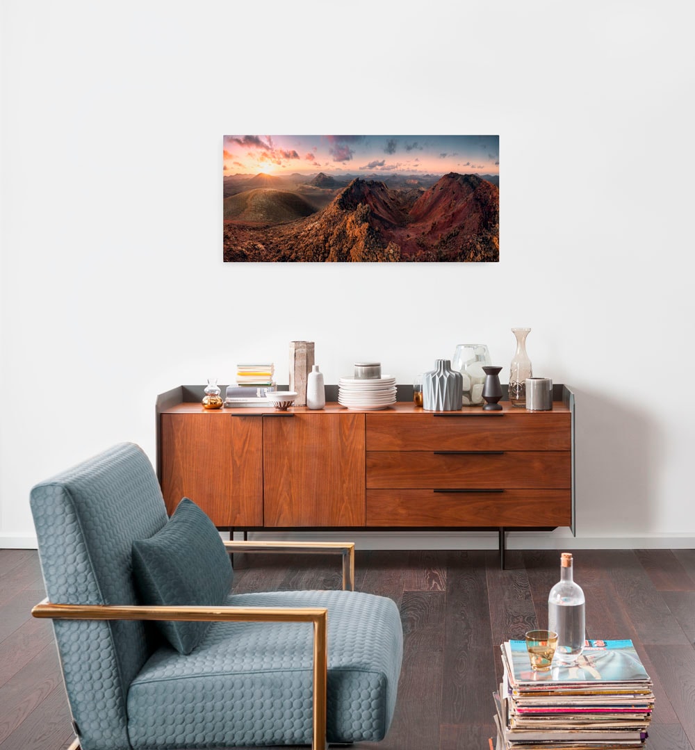 Image of Komar Leinwandbild "Primeval Days - Grösse 90 x 40 cm" Baum Berge Blumen Blätter Foto Jahreszeiten Landschaft Meer Natur Palmen Strand Packung, 1 Stk. tlg. Keilrahmenbild mi Echtholzrahmen